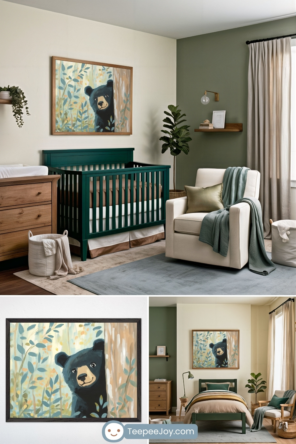 A nursery and bedroom decorated in a woodland theme, featuring a framed painting of a black bear peeking out from behind foliage. The nursery has a dark green crib, a cream-colored armchair with a sage throw blanket, and wooden furniture. The bedroom features a matching bear painting above a bed with earthy-toned linens, complementing the natural and neutral color palette of the space.