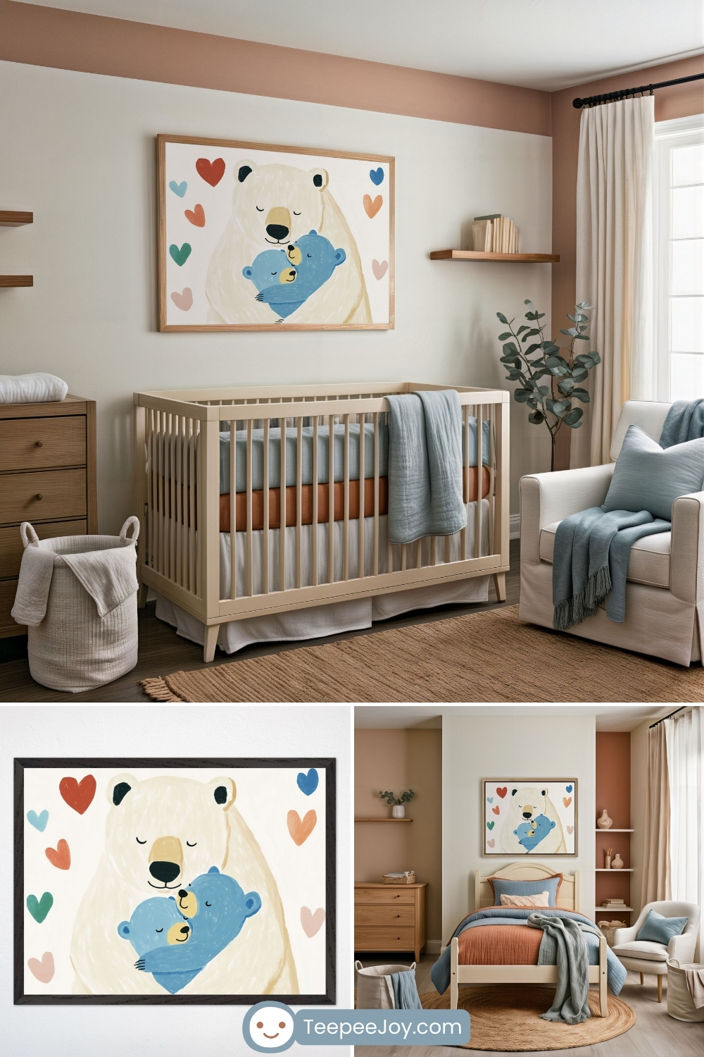 Warm and cozy nursery and bedroom featuring a framed painting of a mother bear lovingly hugging her two cubs, surrounded by colorful hearts. The nursery has a natural wood crib, a cream-colored armchair with soft blue and beige accents, and wooden furniture, complemented by earthy textiles. The bedroom continues the soothing theme with the same bear artwork above a light wood bed dressed in soft blues, rust, and beige tones for a comforting ambiance.