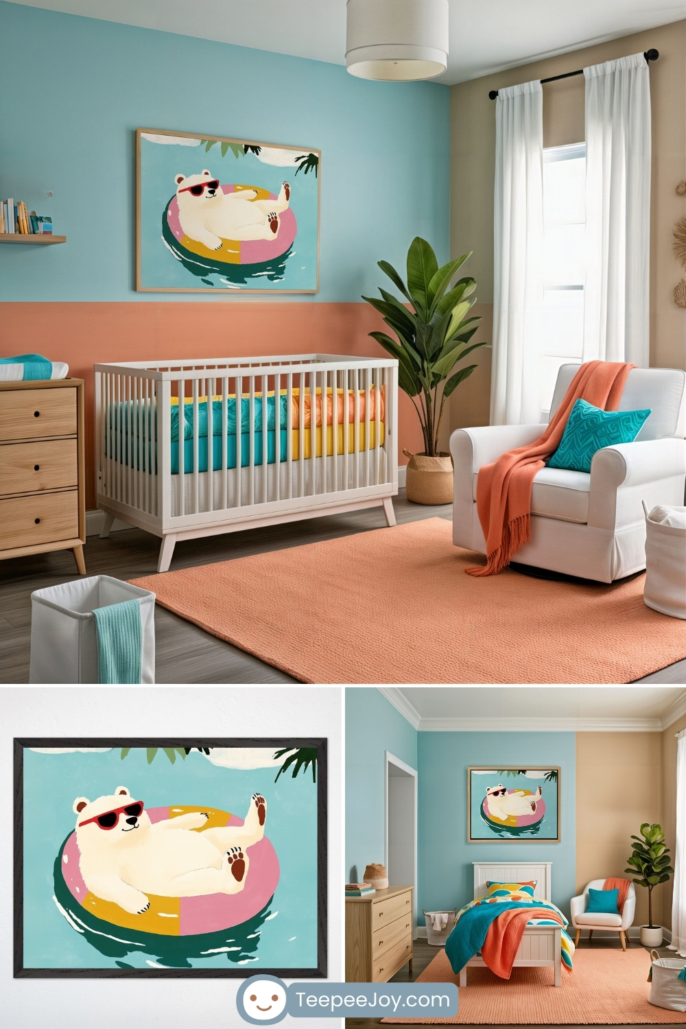 Fun and tropical-themed nursery and bedroom featuring a framed painting of a relaxed polar bear floating on a pink and yellow inflatable ring, wearing sunglasses, in a bright blue pool. The nursery has a white crib with vibrant bedding in shades of turquoise, yellow, and orange, a cozy cream armchair with matching bold accents, and a warm coral rug. The bedroom carries the same playful beachy vibe, with the bear artwork above a white bed dressed in colorful linens that complement the room's lively color palette.