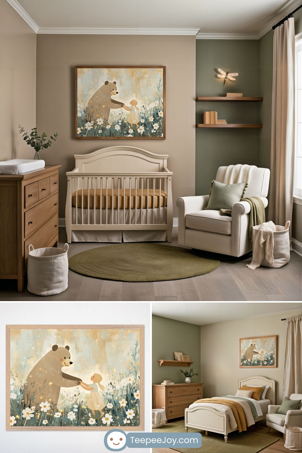 Serene and nature-inspired nursery and bedroom featuring a framed painting of a gentle bear holding hands with a young girl in a field of wildflowers, with a dreamy golden glow. The nursery includes a cream-colored crib, a cozy armchair with sage green accents, and wooden furniture, complemented by an olive-toned round rug. The bedroom continues the peaceful woodland theme, with the same bear artwork above a classic cream bed dressed in warm earthy tones, creating a tranquil and timeless aesthetic.
