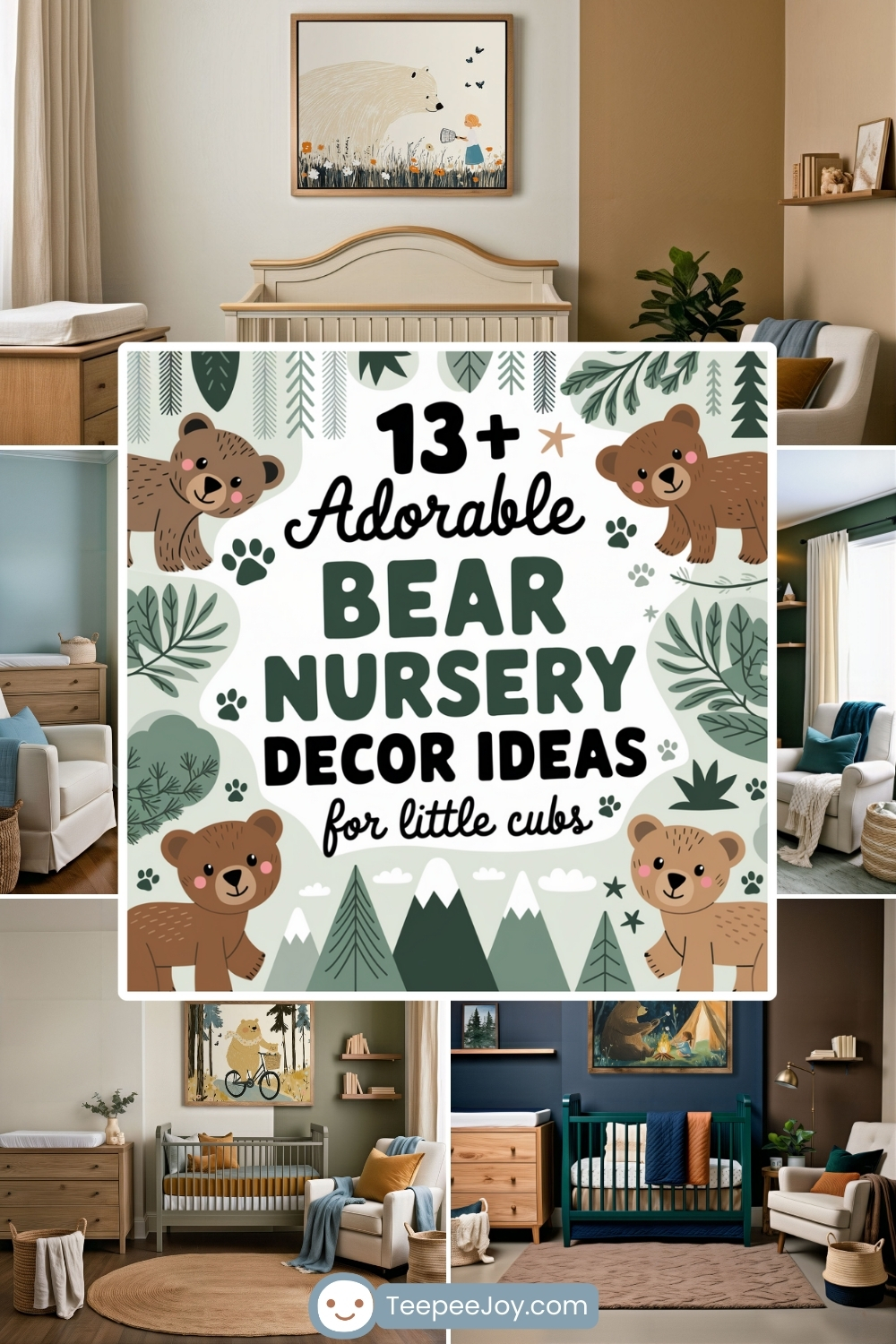 A bear-themed nursery decor ideas collage, featuring multiple nursery setups with bear artwork and earthy color palettes. The central image includes a playful graphic with illustrated bear cubs and the text '13+ Adorable Bear Nursery Decor Ideas for Little Cubs' in bold, forest-themed typography. Surrounding images showcase different nursery styles, including a neutral-toned room with a polar bear painting, a woodland-themed nursery with a bear on a bicycle, and a cozy, dark-toned nursery with a camping-inspired bear artwork.