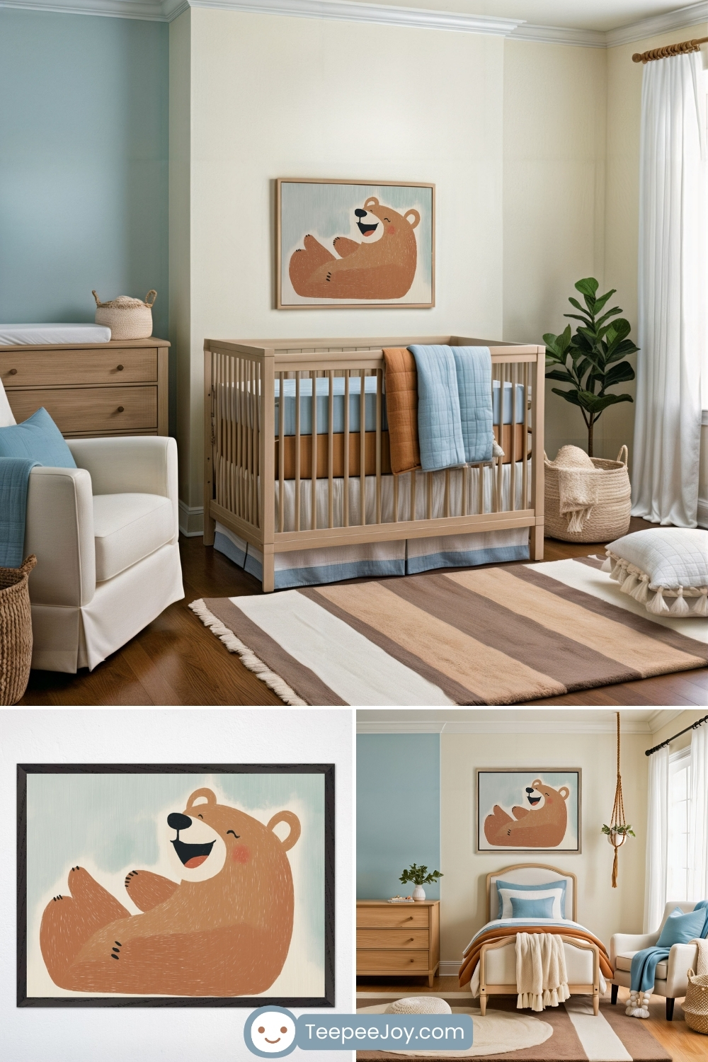 Warm and inviting nursery and children's bedroom featuring a playful bear illustration. The framed artwork showcases a happy, reclining bear on a light blue background, hanging above a wooden crib and a twin bed in separate room setups. The rooms are decorated with soft neutral tones, natural wood furniture, cozy textiles in blue and earthy hues, and charming details like woven baskets, striped rugs, and plush pillows, creating a serene and welcoming atmosphere.
