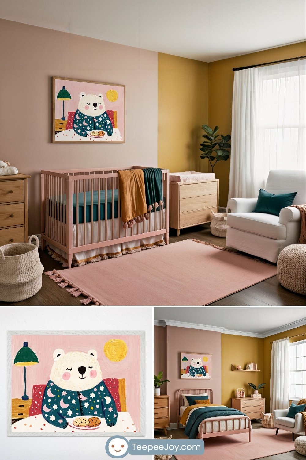 A cozy nursery and children's bedroom featuring a charming framed painting of a white bear in pajamas, enjoying cookies in bed under a warm light. The nursery setup includes a soft pink crib, a matching area rug, and wooden furniture, while the bedroom version showcases a pink metal bed frame with mustard and deep teal bedding. The warm pink and mustard-colored walls, woven baskets, and natural wood tones create a stylish yet playful atmosphere.