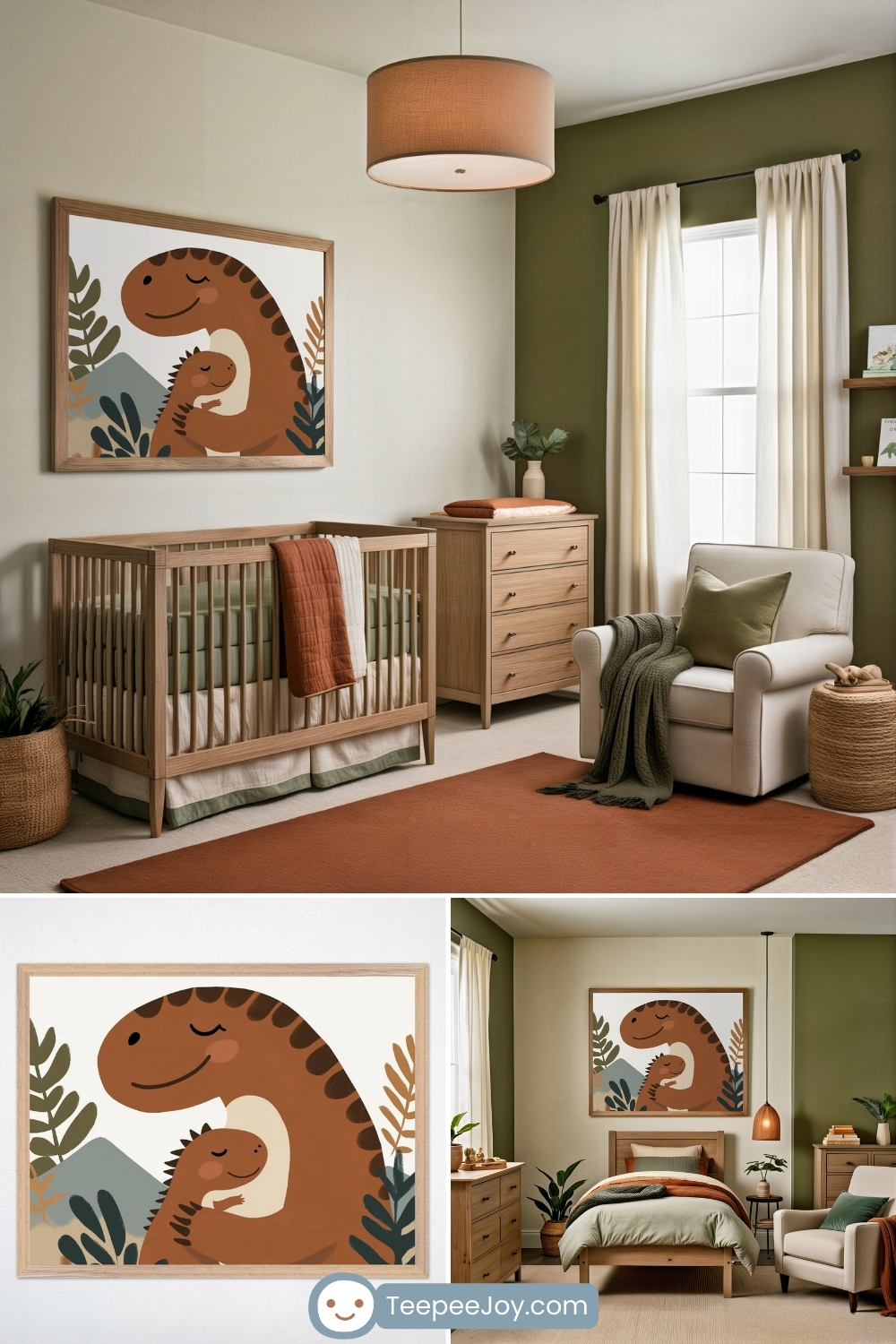 Serene nursery with olive green and terracotta accents, featuring wall art of a parent and baby dinosaur sharing a warm hug surrounded by foliage. The room includes a natural wood crib, a soft beige armchair with an olive throw, and minimalist wooden furniture that adds to the earthy, comforting vibe.