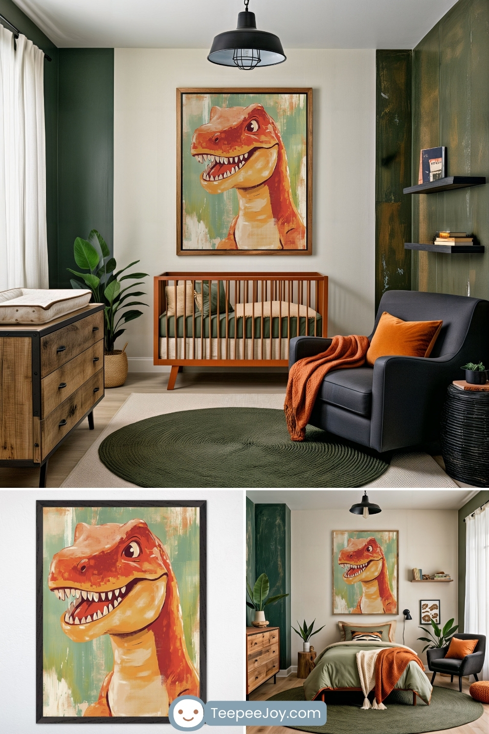 Vibrant nursery featuring a striking wall art of a grinning orange T-Rex against a green and beige painterly background. The space includes a warm wood crib, forest green and burnt orange bedding, a charcoal gray glider with a rust throw, and rustic wood accents that give the room a playful yet edgy vibe.