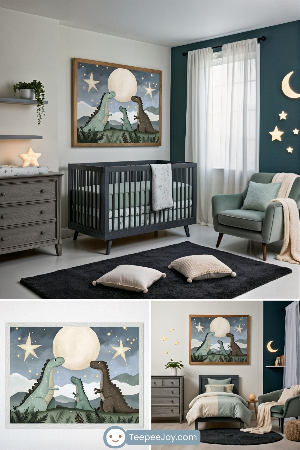 Peaceful nursery in deep teal and soft gray tones, featuring wall art of three dinosaurs, two adults and a baby, gazing at a glowing full moon and stars in a twilight sky. The room includes a dark gray crib, mint green armchair, celestial wall decals, and cozy floor cushions on a black rug for a soothing, starlit vibe.