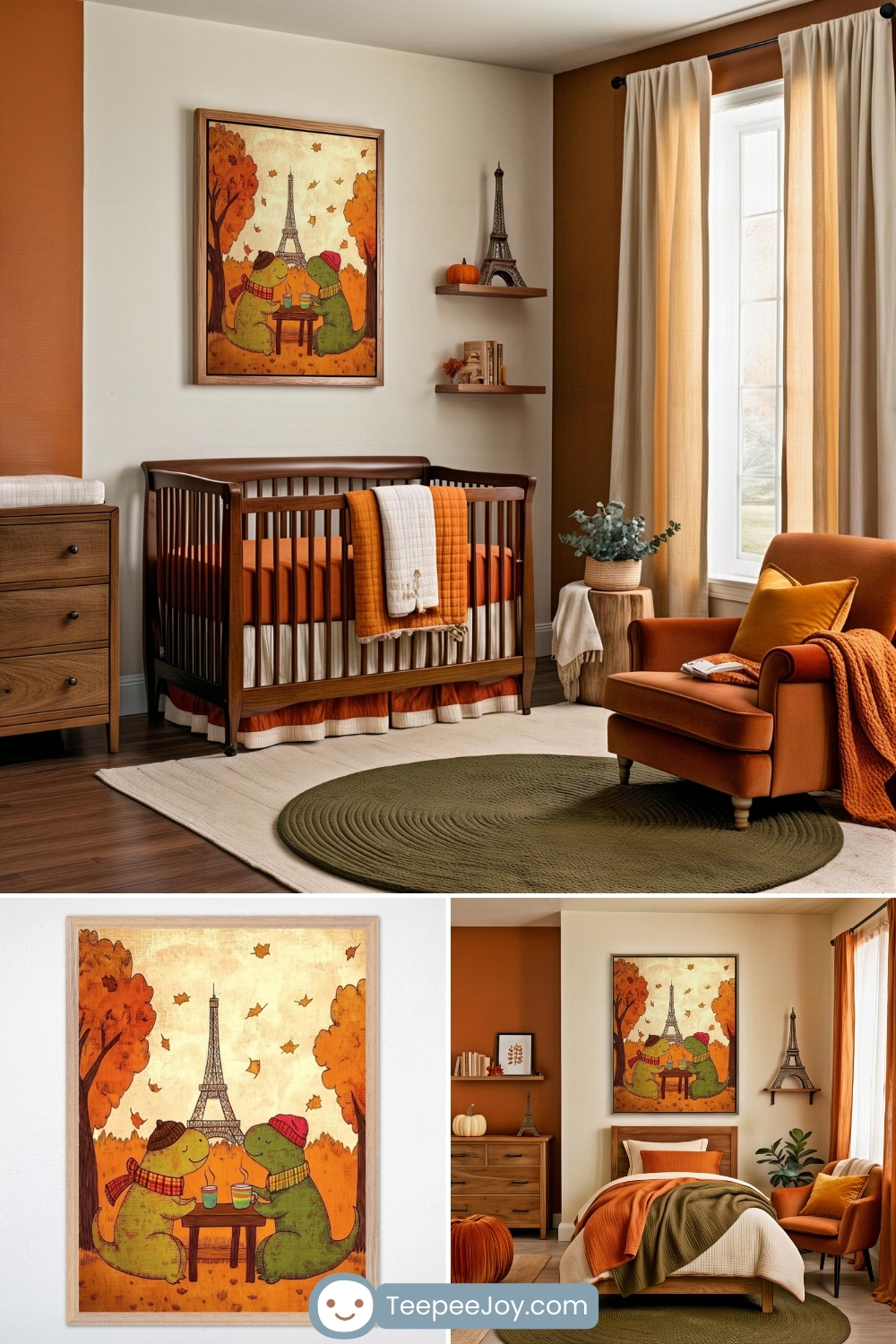 Warm, fall-inspired nursery in burnt orange and olive green tones, featuring whimsical wall art of two dinosaurs wearing scarves and sipping hot drinks at a café table beneath falling leaves, with the Eiffel Tower in the background. The room includes a dark wood crib, soft earth-toned textiles, a plush orange chair, and charming Parisian accents like a small Eiffel Tower sculpture.