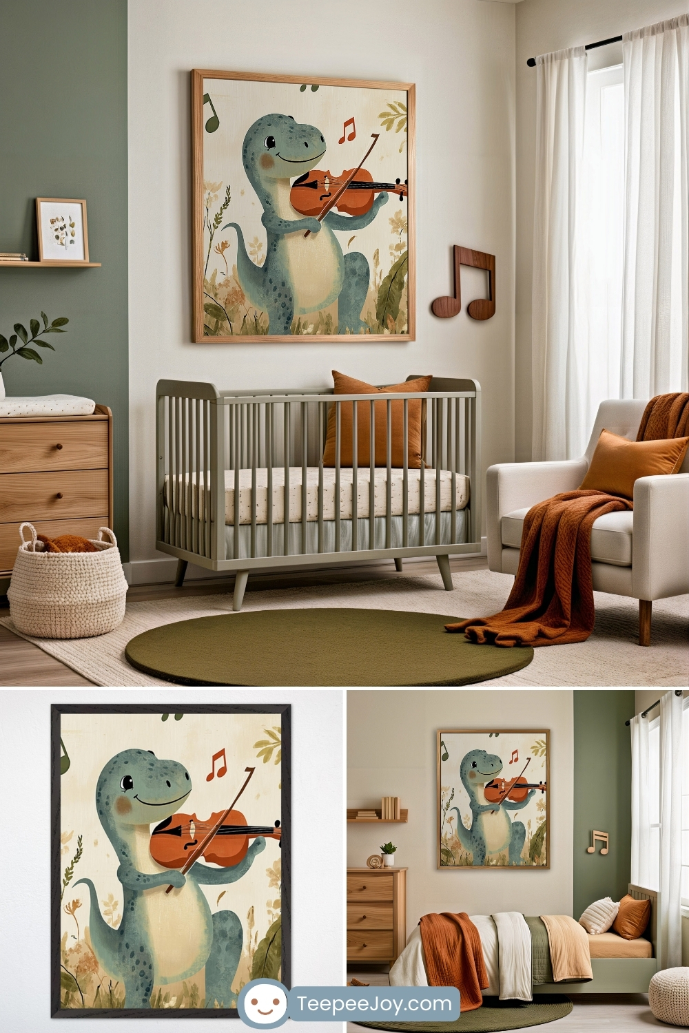 Playful nursery in earthy green and rust tones, featuring wall art of a happy blue dinosaur playing a violin, surrounded by floating music notes and foliage. The room includes a sage green crib, soft beige glider with orange accents, a round olive rug, and cozy textures that create a soothing, music-loving atmosphere.