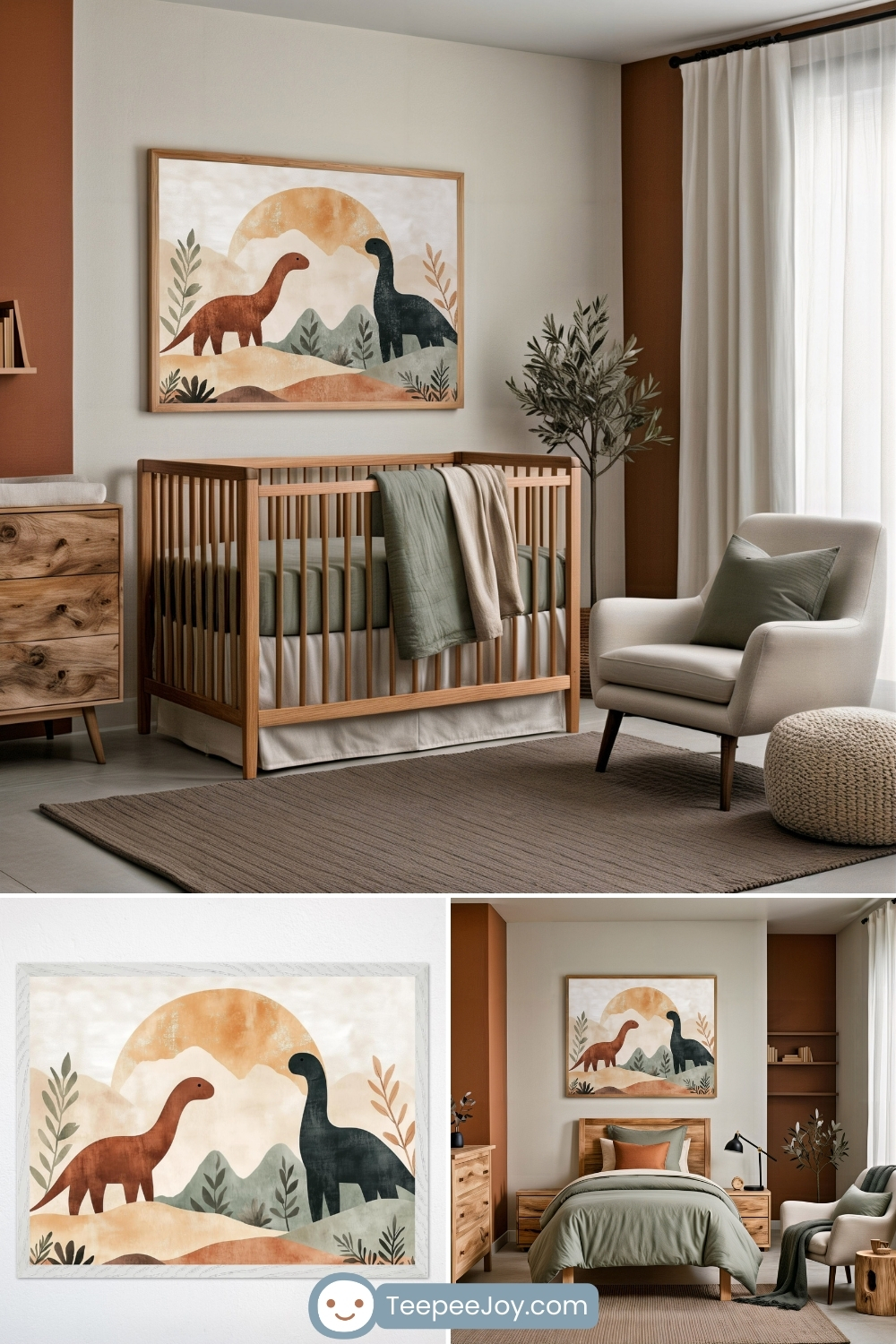 Cozy dinosaur-themed nursery and kid’s room with warm earth tones, featuring a framed wall art print of two dinosaurs with one rust-colored and one dark green standing among stylized plants and mountains under a burnt orange sun. Rooms are styled with wood furniture, green and beige bedding, and neutral accents, creating a calming, nature-inspired vibe.