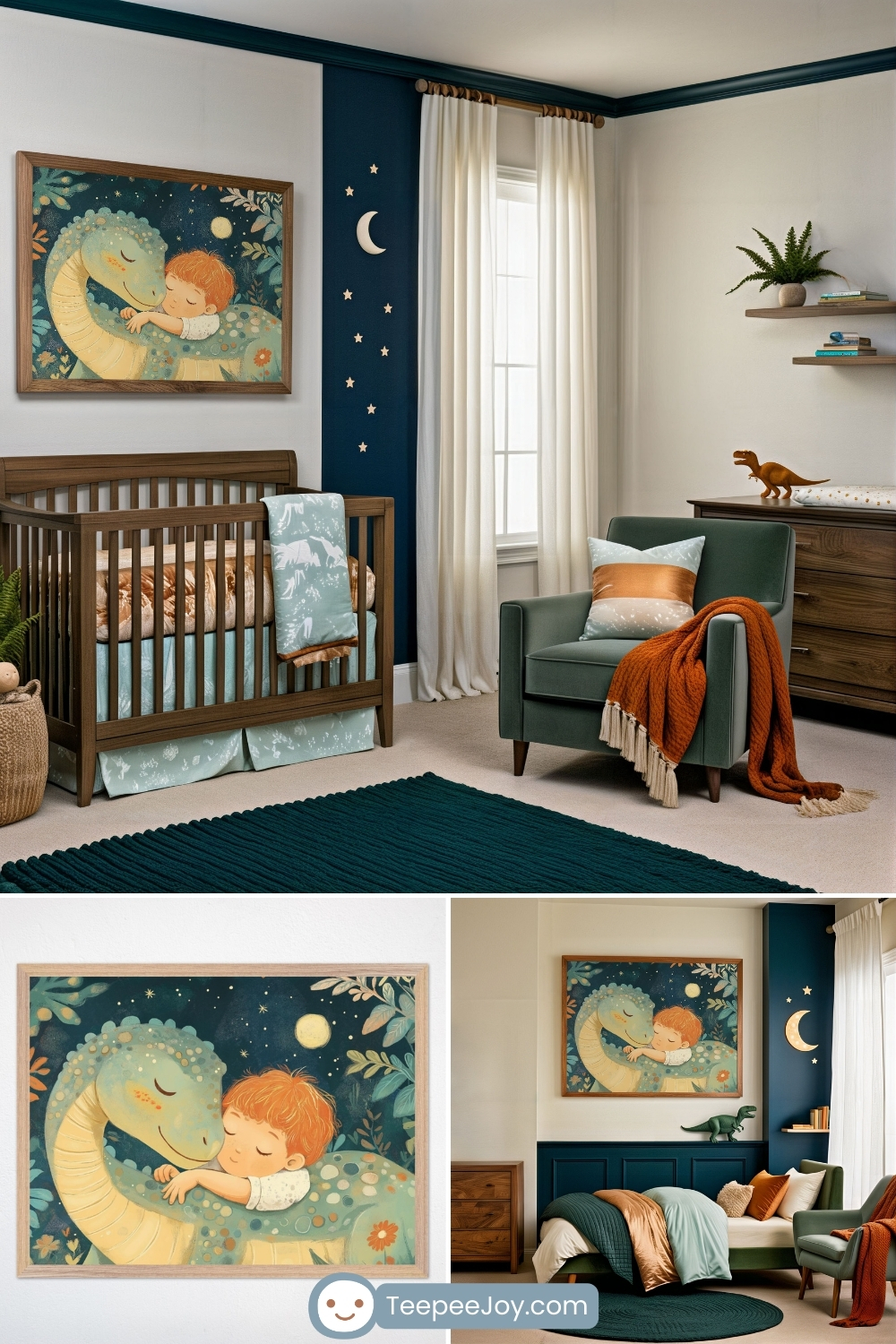 A dinosaur-themed nursery decorated in deep teal, burnt orange, and soft neutrals. A framed wall art above the crib shows a young child hugging a smiling teal dinosaur under a starry sky. The room includes a wooden crib with dino-print bedding, a comfy armchair with a rust-colored throw, a moon-and-stars wall decal, and playful dino accents throughout.
