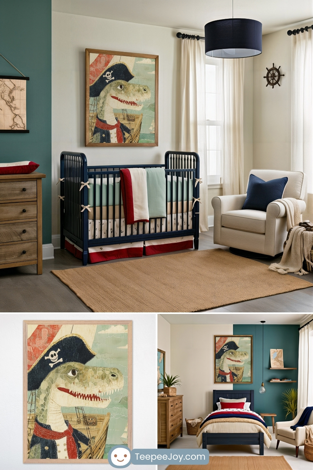 Nautical pirate-themed kids’ room and nursery with bold navy, red, and neutral tones, featuring a framed artwork of a grinning dinosaur dressed as a pirate that's complete with a skull-and-crossbones hat and sailing ship in the background. Room styling includes a navy crib, coastal wall decor, and cozy furniture for a fun, adventurous vibe.