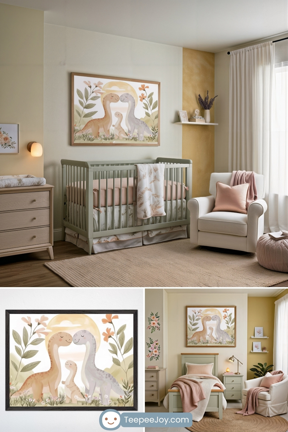 Soft and serene dinosaur-themed nursery and toddler room featuring pastel decor and a framed wall art print of a dinosaur family with two adults and a baby, cuddling under a warm sun, surrounded by leafy plants and flowers. The rooms are styled in blush, sage, and cream tones, creating a gentle, loving atmosphere perfect for little ones.