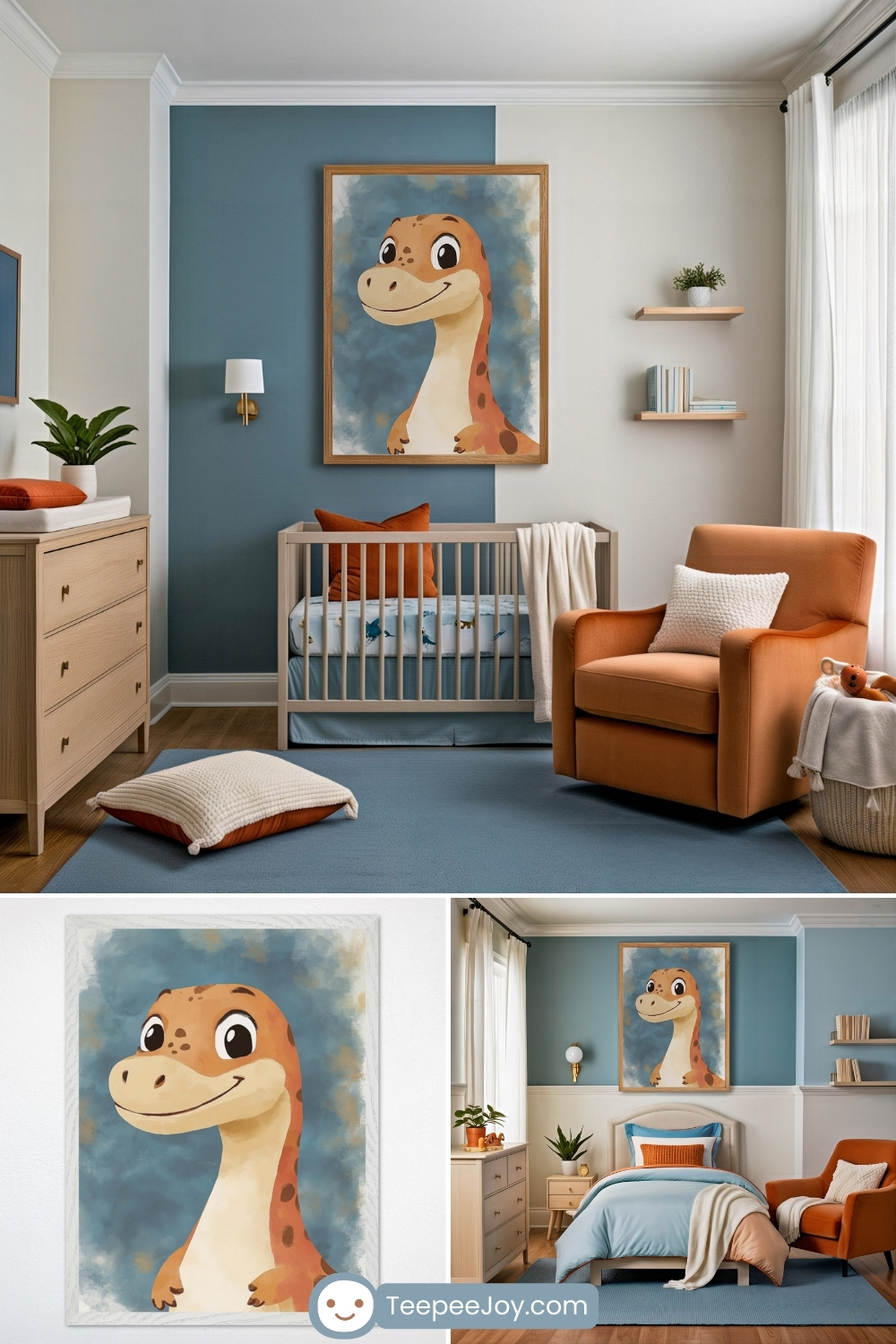 Playful dinosaur-themed nursery and kids’ room decorated in soft blue, cream, and orange hues, featuring a large framed art print of a smiling cartoon dinosaur with big eyes and orange spots against a cloudy blue background. The space includes modern wooden furniture, cozy textiles, and cheerful accents that create a bright and inviting atmosphere.