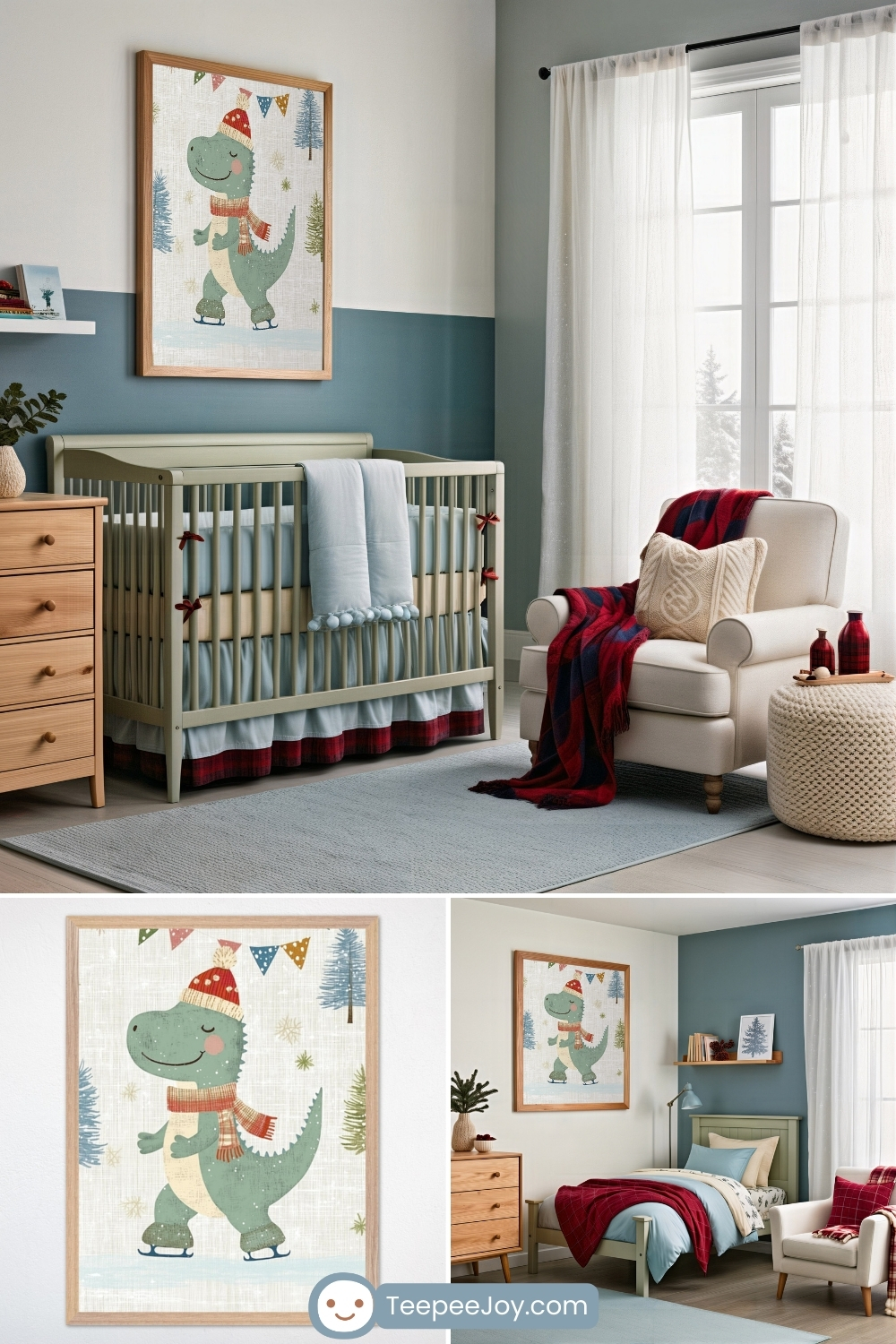 Winter-themed dinosaur nursery and kids’ room featuring cozy blue and red accents and a framed wall art print of a green dinosaur ice skating while wearing a red knit hat and striped scarf. The space includes a sage green crib, wooden furniture, plaid blankets, and soft lighting, creating a festive, cheerful winter vibe.