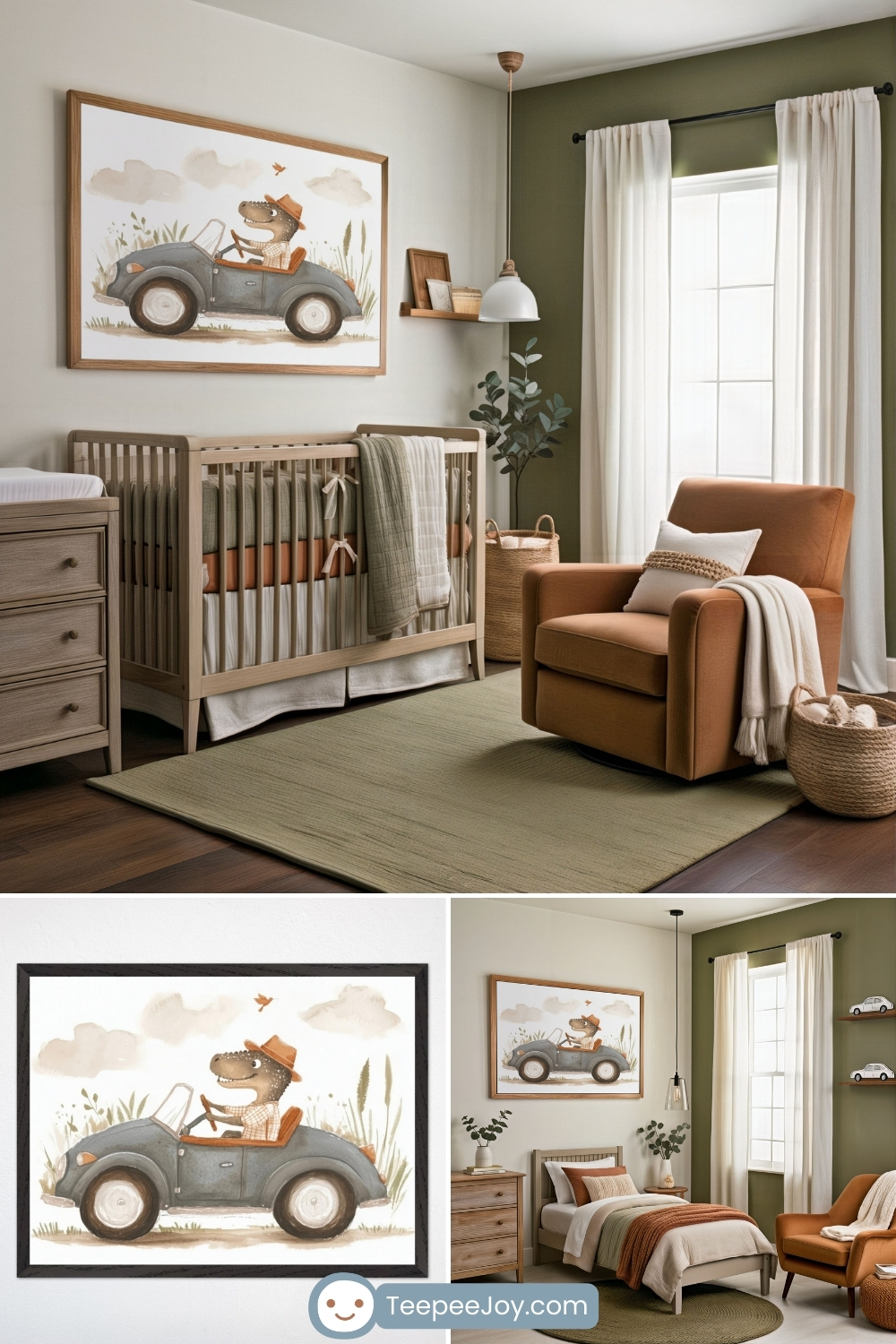 Warm, safari-inspired nursery featuring soft olive green and rust tones. Above the crib hangs a whimsical art print of a smiling dinosaur driving a vintage-style blue car, wearing a sunhat and plaid shirt. The room includes a natural wood crib, burnt orange armchair, cozy textiles, and playful dino and car accents throughout.