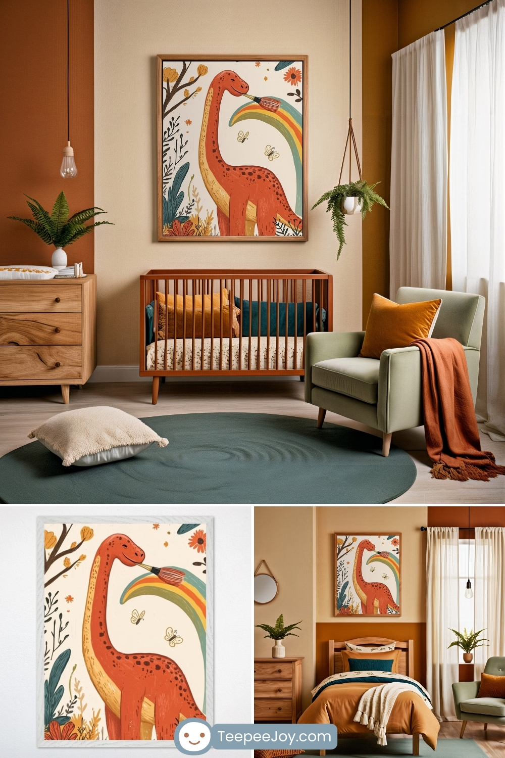 Colorful nursery decorated in warm terracotta and forest green tones, featuring a cheerful art print of a red dinosaur painting a rainbow with a brush in its mouth. The room includes a wooden crib with rich jewel-toned bedding, a sage green armchair with a burnt orange throw, and natural wood furniture accented by potted plants and cozy textures.
