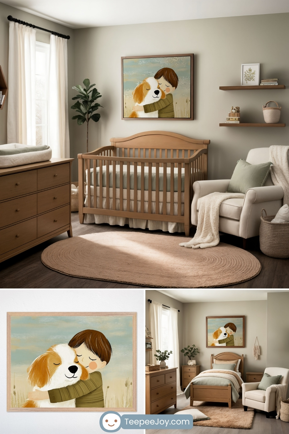 Warm and inviting nursery featuring a wooden crib, a beige circular rug, and a cozy armchair with a soft throw blanket. Above the crib hangs a framed artwork of a young child hugging a fluffy white and brown dog against a pastel blue sky, adding a sentimental touch to the space. The room is decorated with wooden shelves holding books and small decorative pieces, a potted plant by the window, and a dresser with a changing pad, creating a serene and comforting atmosphere.