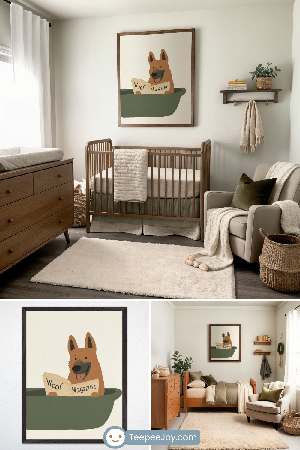Neutral-toned nursery featuring a wooden crib, a plush beige rug, and a matching dresser. A large framed artwork of a cheerful dog sitting in a tub reading a magazine labeled 'Woof Magazine' hangs above the crib. The room is styled with soft blankets, an olive green throw pillow, woven baskets, and a shelf with books and a small potted plant, creating a warm and inviting atmosphere.