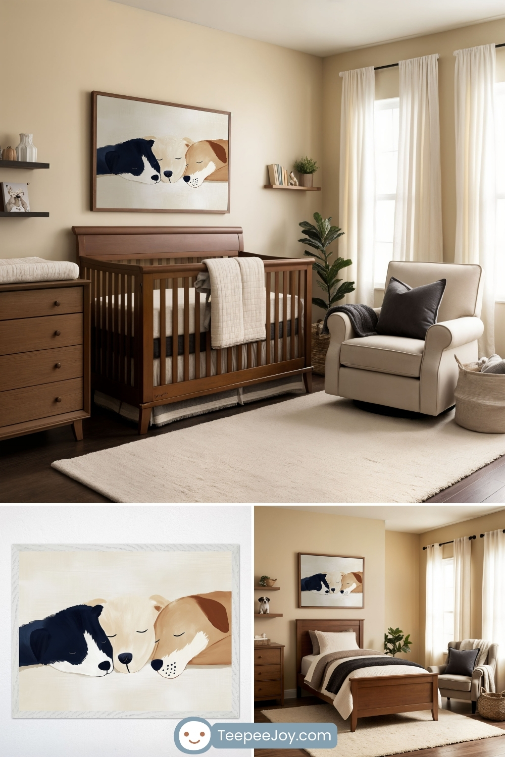 Peaceful, dog-themed nursery and bedroom featuring soft beige walls, warm wooden furniture, and cozy neutral tones. The focal point is a framed painting of three sleeping puppies in black, cream, and brown, nestled together against a light background. The nursery setup includes a wooden crib, a plush cream rug, and a comfortable armchair with dark accent pillows, creating a tranquil atmosphere. The lower section showcases a close-up of the adorable puppy artwork and a transition to a toddler bedroom with matching decor, emphasizing the room’s longevity. The TeepeeJoy.com logo is visible at the bottom.