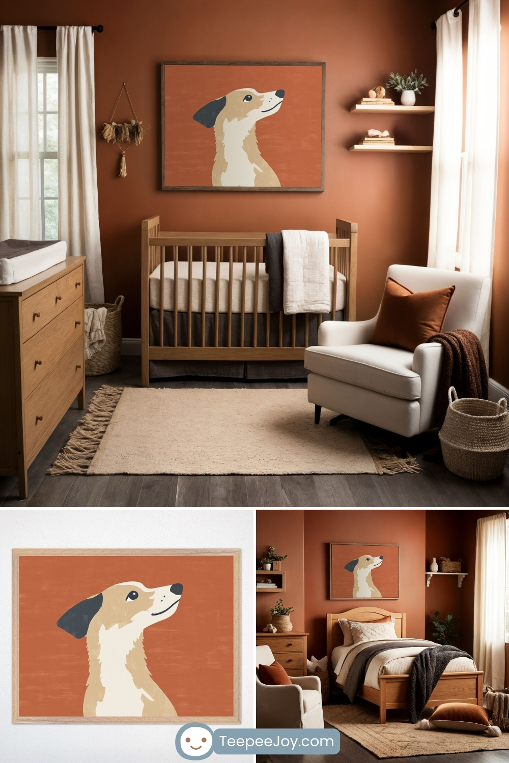Warm and earthy dog-themed nursery and bedroom featuring rich terracotta walls, natural wood furniture, and soft cream accents. The focal point is a framed minimalist painting of a tan and white dog with a black ear, gazing upward against a muted rust-colored background. The nursery includes a wooden crib, a cozy armchair with burnt orange pillows, woven storage baskets, and soft-textured rugs, creating a serene and inviting space. The lower section highlights a close-up of the dog artwork and a transition to a toddler bedroom with a matching aesthetic. The TeepeeJoy.com logo is visible at the bottom.