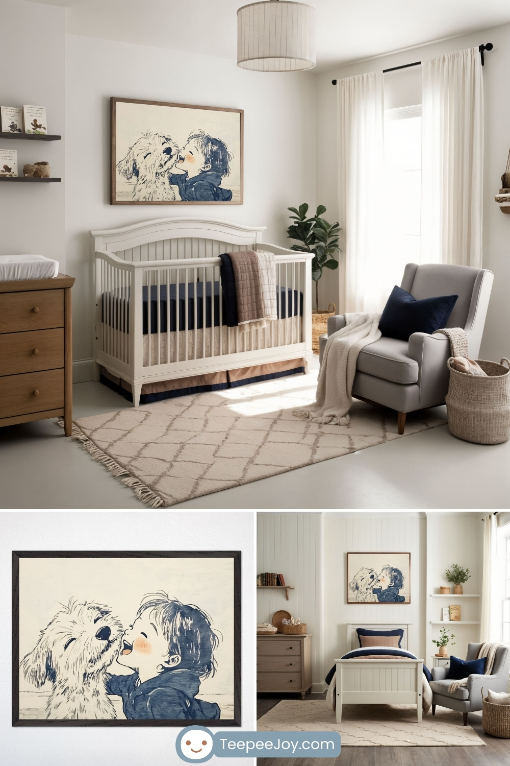 Timeless, dog-themed nursery and bedroom featuring a neutral color palette with soft whites, warm wood tones, and navy blue accents. The focal point is a framed sketch-style illustration of a young child joyfully interacting with a fluffy dog, rendered in a classic blue ink wash. The nursery setup includes a white crib, a cozy gray armchair, a patterned area rug, and woven storage baskets, creating a calm and inviting space. The lower section highlights a close-up of the heartwarming dog-and-child artwork and a transition to a coordinating toddler bedroom with matching decor. The TeepeeJoy.com logo is visible at the bottom.
