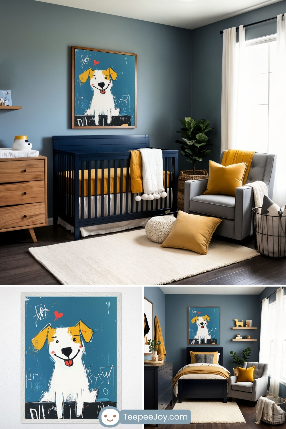 Stylish dog-themed nursery and bedroom with deep blue walls, navy and wood furniture, and mustard-yellow accents. The focal point is a framed modern painting of a happy white dog with yellow ears, a red heart above its head, and a graffiti-style background. The nursery features a navy blue crib, a cozy seating area with a gray armchair and mustard throw pillows, and a mix of soft and textured decor. The lower section showcases a close-up of the playful dog artwork and a transition to a coordinating toddler bedroom with matching design elements. The TeepeeJoy.com logo is visible at the bottom.