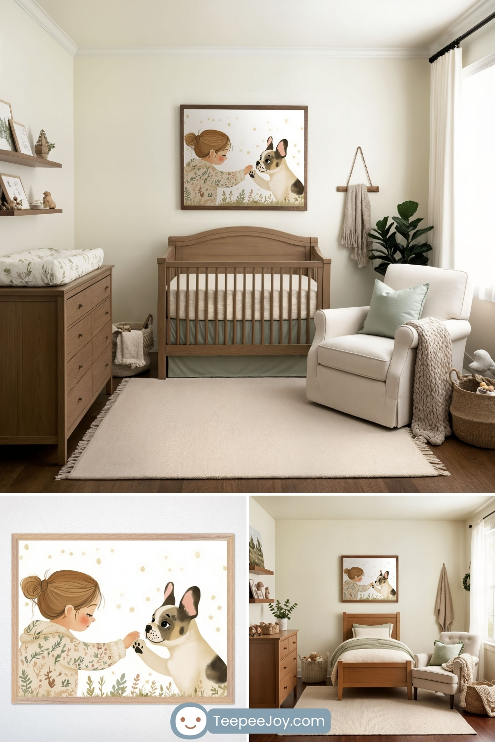 Calm and neutral-toned nursery featuring a wooden crib, a soft beige rug, and a plush armchair with a sage green throw pillow. Above the crib hangs a framed artwork of a young girl in a cozy sweater gently holding a French Bulldog's paw, surrounded by delicate golden dots. The room is decorated with floating shelves holding books and small toys, woven baskets for storage, and a touch of greenery, creating a peaceful and inviting space.