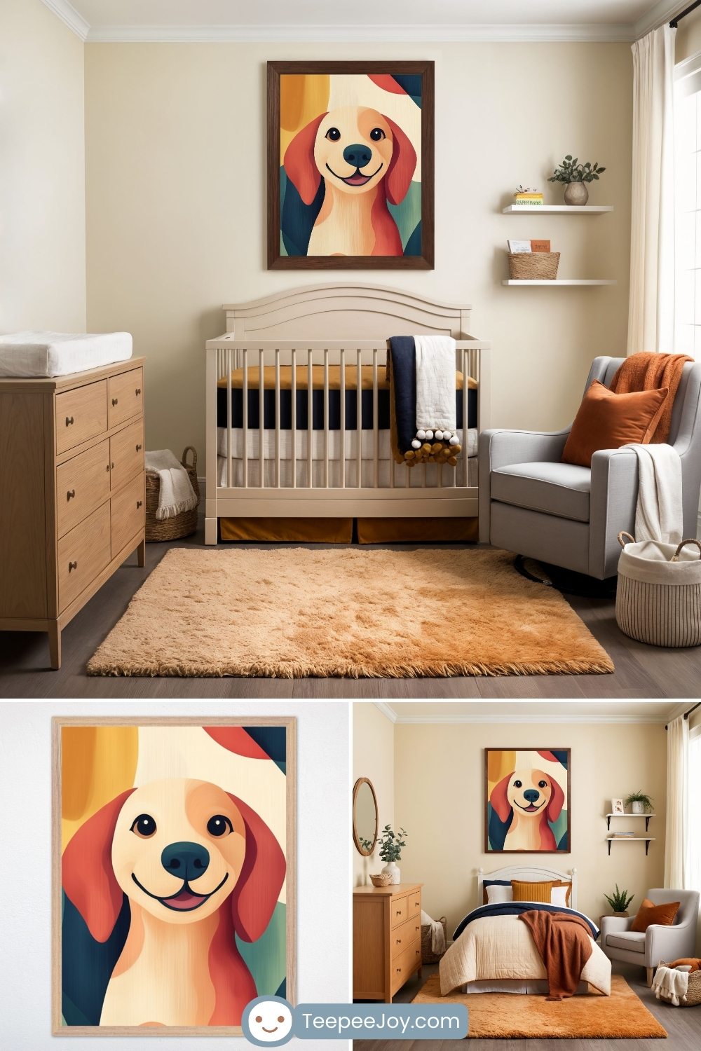 Dog-themed nursery and bedroom featuring warm neutral tones, wooden furniture, and a vibrant framed painting of a smiling beagle in a modern, abstract style with bold colors. The nursery setup includes a white crib, a soft shaggy rug, and a plush armchair with burnt orange and navy accents, creating a cheerful yet calming atmosphere. The lower section showcases a close-up of the beagle artwork and a transition to a toddler bedroom with coordinating decor, highlighting the room’s adaptability. The TeepeeJoy.com logo is visible at the bottom.