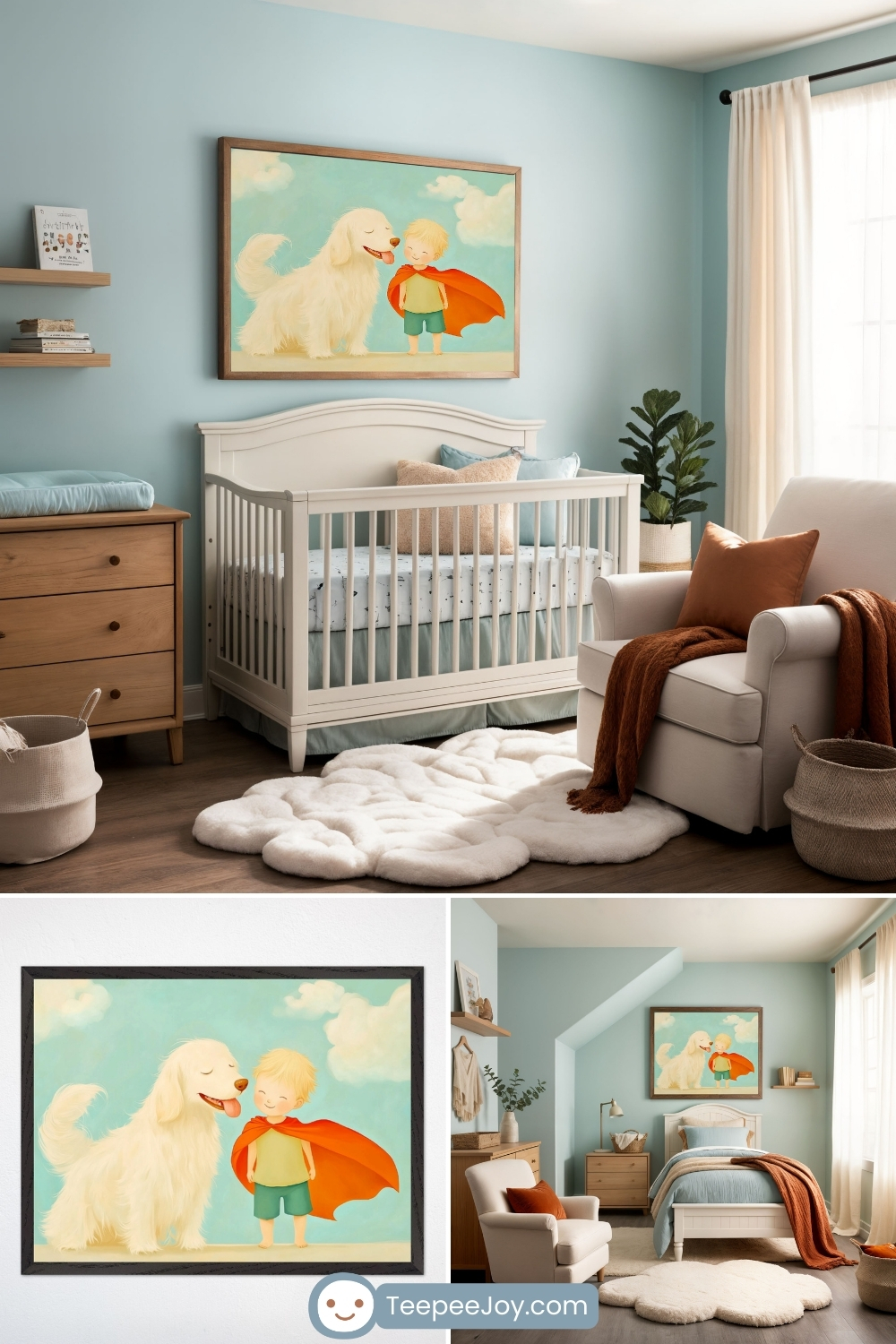 Serene dog-themed nursery and bedroom with soft blue walls, white furniture, and warm-toned accents. The focal point is a framed painting of a fluffy white dog and a young child wearing a red cape, standing against a dreamy sky-blue background. The nursery features a white crib, a plush cloud-shaped rug, and a cozy cream armchair, while the lower section shows a close-up of the artwork and a transition to a coordinating toddler bedroom. The TeepeeJoy.com logo is visible at the bottom.