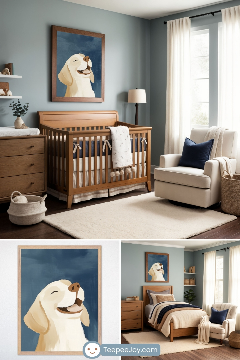 Cozy, dog-themed nursery and bedroom featuring warm wood furniture, soft blue walls, and a large framed painting of a smiling golden retriever against a deep blue background. The nursery setup includes a wooden crib, a cream-colored armchair, and woven baskets for storage, creating a calm and inviting space. The bottom section showcases a closer view of the dog painting and a transition to a toddler or kid’s bedroom with a matching aesthetic, highlighting the longevity of the decor. The TeepeeJoy.com logo is visible at the bottom.