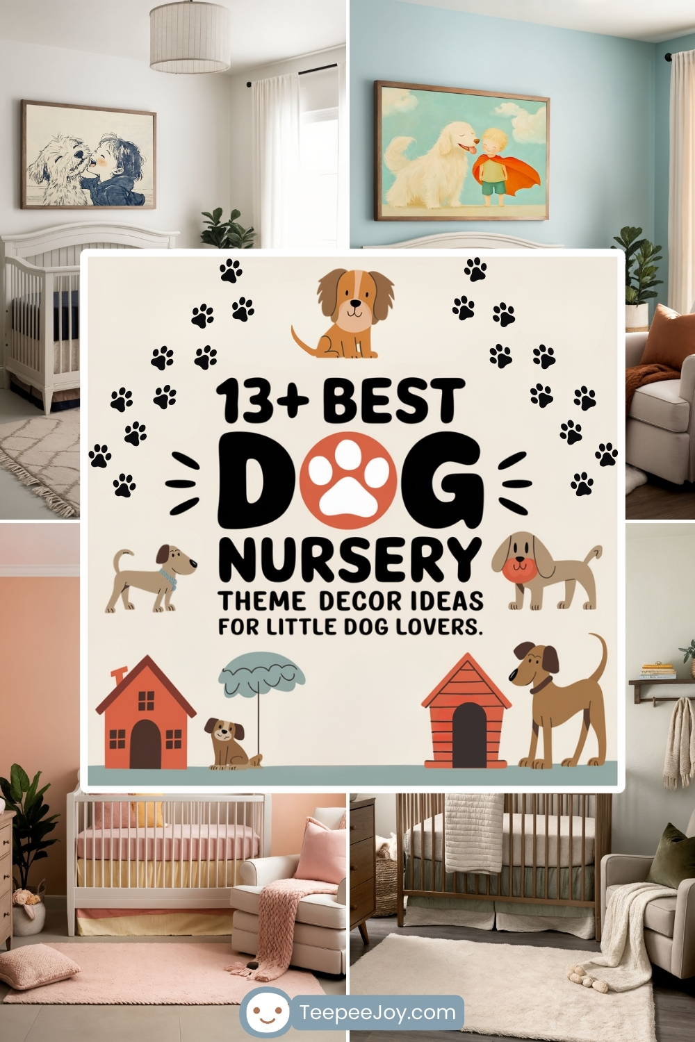 Dog-themed collage showcasing nursery decor ideas. The central image features playful cartoon illustrations of dogs, paw prints, and text that reads: '13+ Best Dog Nursery Theme Decor Ideas for Little Dog Lovers.' Surrounding this, various nursery setups display dog-themed artwork, soft color palettes, and cozy furniture, creating a warm and inviting space for infants. The bottom of the image includes the TeepeeJoy.com logo."
