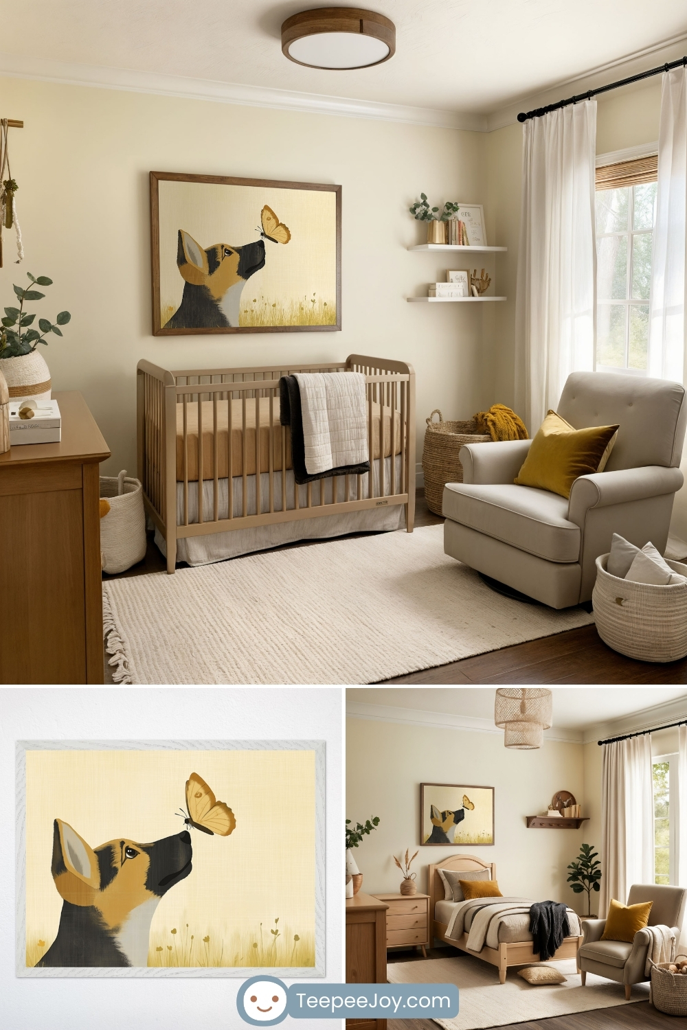 Serene nursery featuring a wooden crib, a neutral-toned area rug, and a cozy armchair with a mustard yellow throw pillow. Above the crib hangs a framed artwork of a German Shepherd gazing at a delicate butterfly resting on its nose, set against a soft yellow background. The room is decorated with woven baskets, floating shelves with books and greenery, and natural light streaming through sheer white curtains, creating a peaceful and inviting atmosphere.
