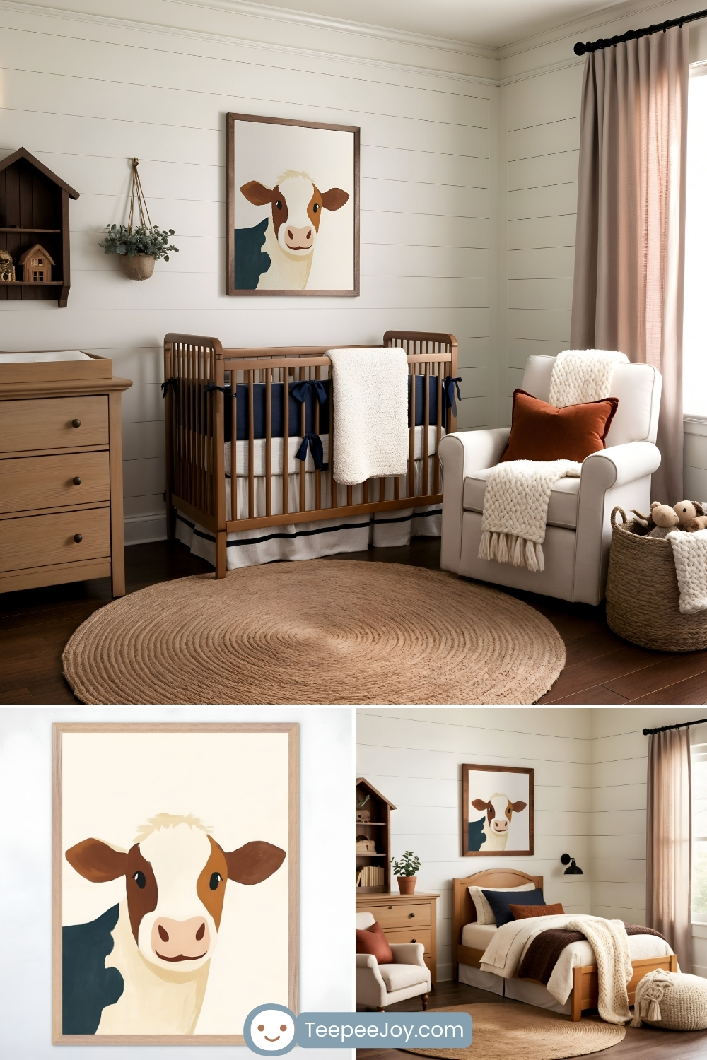 A warm and rustic farm-themed nursery and bedroom with neutral and earthy tones. The nursery features a wooden crib with navy and cream bedding, a beige armchair with a burnt-orange pillow, and a round woven rug. A large framed cow painting with a minimalist and modern style hangs on the wall, adding a playful touch. The bottom section of the image shows a close-up of the cow artwork and an alternate bedroom setup with a wooden bed, cream and navy bedding, and farmhouse-inspired decor. The space is styled with soft textures and natural lighting for a cozy, inviting feel.