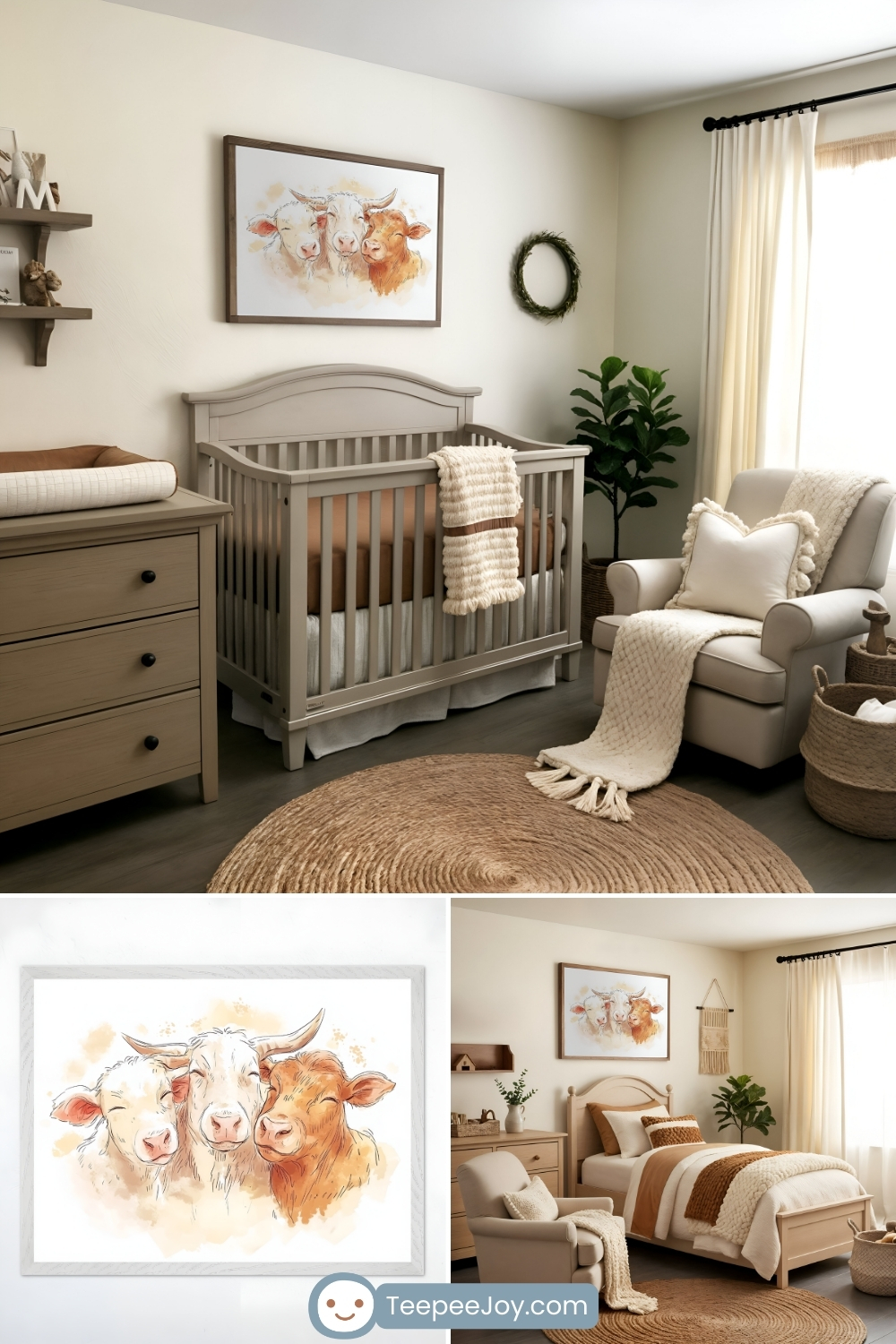 Farmhouse-style nursery and bedroom with neutral tones and rustic decor. The main nursery features a gray crib, a beige armchair with a knit throw, a wooden dresser, and a round woven rug. A framed watercolor painting of three cows hangs above the crib, complementing the warm, earthy aesthetic. The bottom section of the image shows a close-up of the cow artwork and an alternative bedroom setup with a wooden bed, beige bedding, and similar rustic decor. The space is softly lit with natural light, creating a serene and inviting atmosphere.