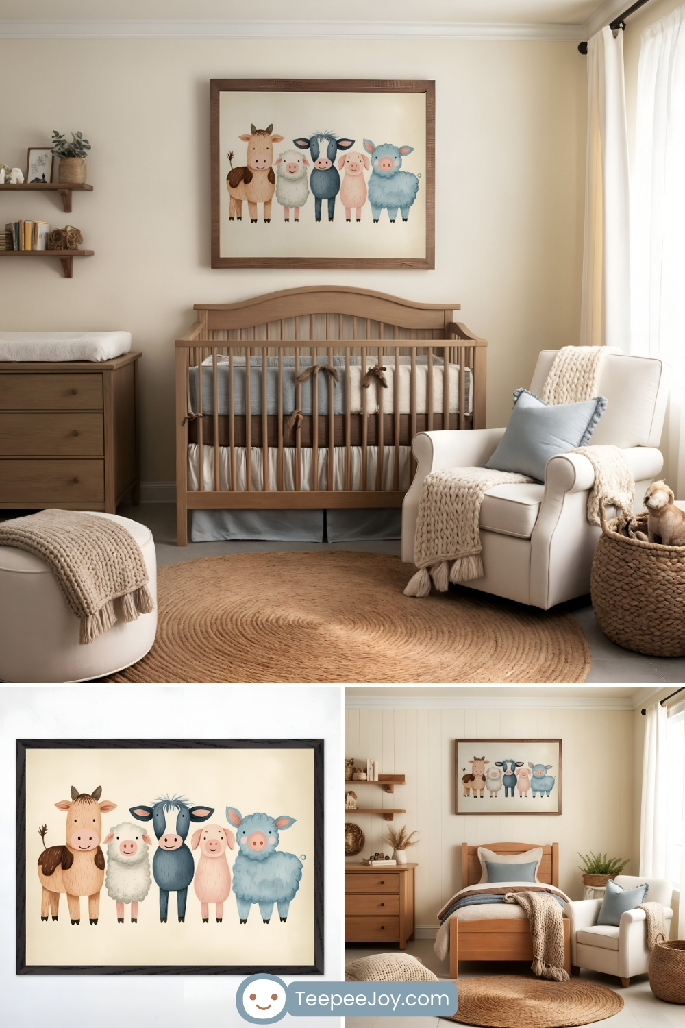 Charming, farm-themed nursery with neutral tones and soft textures. The room features a wooden crib with beige and blue bedding, a cozy white rocking chair with a knit throw, and a round woven jute rug. Above the crib, a framed artwork showcases a whimsical illustration of five farm animals—a horse, cow, sheep, pig, and fluffy blue pig—standing in a row with friendly expressions. Additional images highlight a close-up of the artwork and a toddler bed version of the room, maintaining a warm, rustic aesthetic with natural wood furniture and subtle farmhouse details.