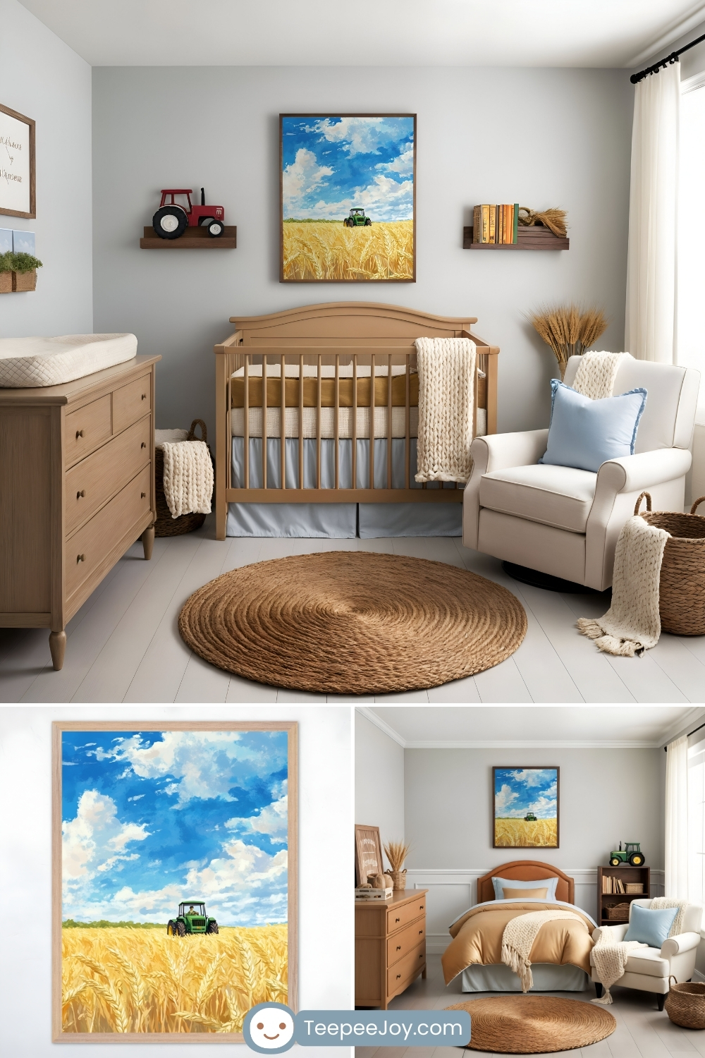 Bright and airy farm-themed nursery with neutral tones and natural textures. The room features a wooden crib with beige and soft blue bedding, a white rocking chair with a blue accent pillow, and a woven jute rug on light wood floors. Above the crib, a framed painting depicts a green tractor in a golden wheat field under a vivid blue sky with fluffy white clouds. Additional details include wooden floating shelves holding farm-themed books and decor, as well as a red toy tractor on display. Alternate images showcase a close-up of the artwork and a toddler bed version of the room, maintaining the rustic, countryside aesthetic with warm and inviting tones.