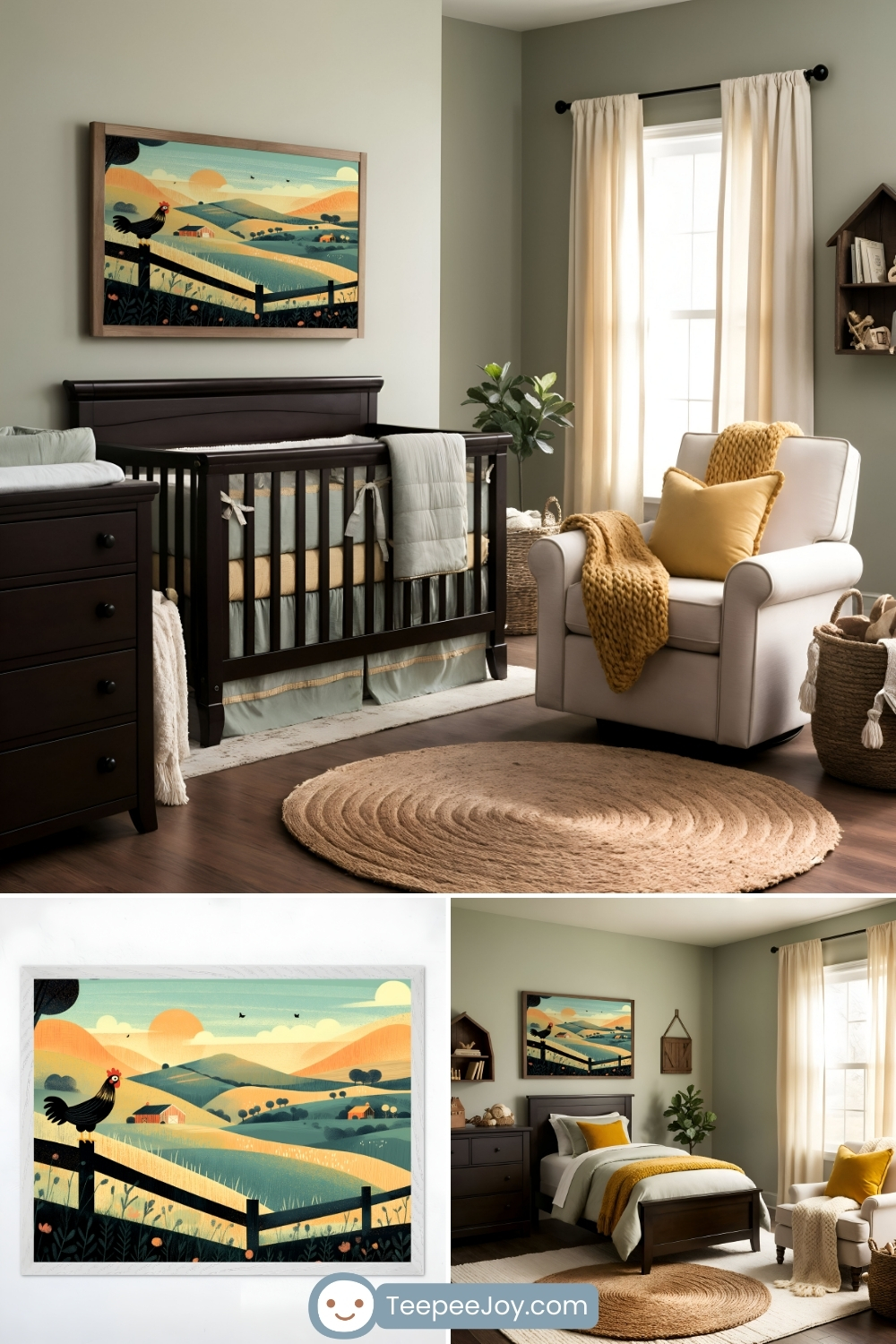 Serene, farmhouse-inspired nursery with soft sage green walls and warm earth tones. The room features a dark wood crib with muted green and yellow bedding, a white rocking chair with mustard yellow accents, and a woven jute rug. Above the crib, a framed artwork showcases a stylized countryside scene with rolling green hills, a sunrise, a black rooster perched on a fence, and a distant red barn. Additional images highlight a close-up of the artwork and an alternate setup with a toddler bed, keeping the cozy yet refined rustic aesthetic intact. The space exudes a peaceful and timeless farm-inspired charm.v