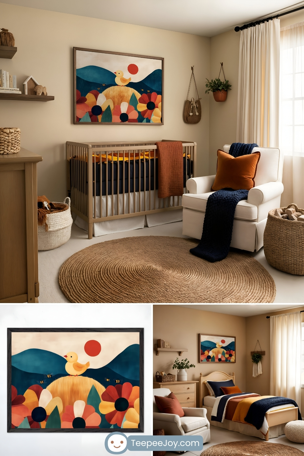Warm, nature-inspired nursery with earthy tones and rustic decor. The room features a wooden crib with burnt orange and navy bedding, a cozy white rocking chair with a burnt orange pillow and navy throw, and a round woven jute rug. Above the crib, a framed artwork displays a stylized duckling perched on a golden hill, surrounded by oversized flowers, bees, deep blue mountains, and a red sun. Additional images show a close-up of the artwork and an alternate setup with a toddler bed, maintaining the cozy color scheme and organic textures. The space exudes a modern yet whimsical farmhouse aesthetic.