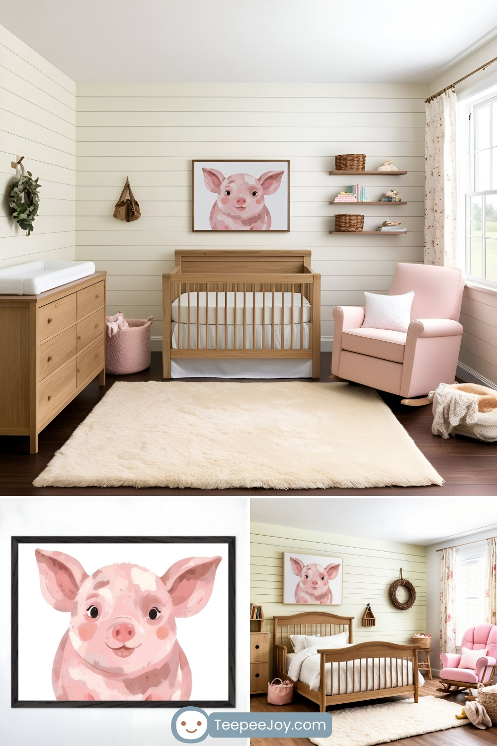 A charming, farmhouse-style nursery and bedroom with soft pink and natural wood tones. The nursery features a wooden crib, a cozy pink rocking chair, and a plush cream rug. Above the crib hangs a framed painting of a smiling pink pig, adding a playful and whimsical touch to the space. The bottom section of the image shows a close-up of the pig artwork and an alternate bedroom setup with a wooden bed, soft pink bedding, floral accents, and warm, rustic decor. The room is bathed in natural light, creating a cozy and inviting ambiance.