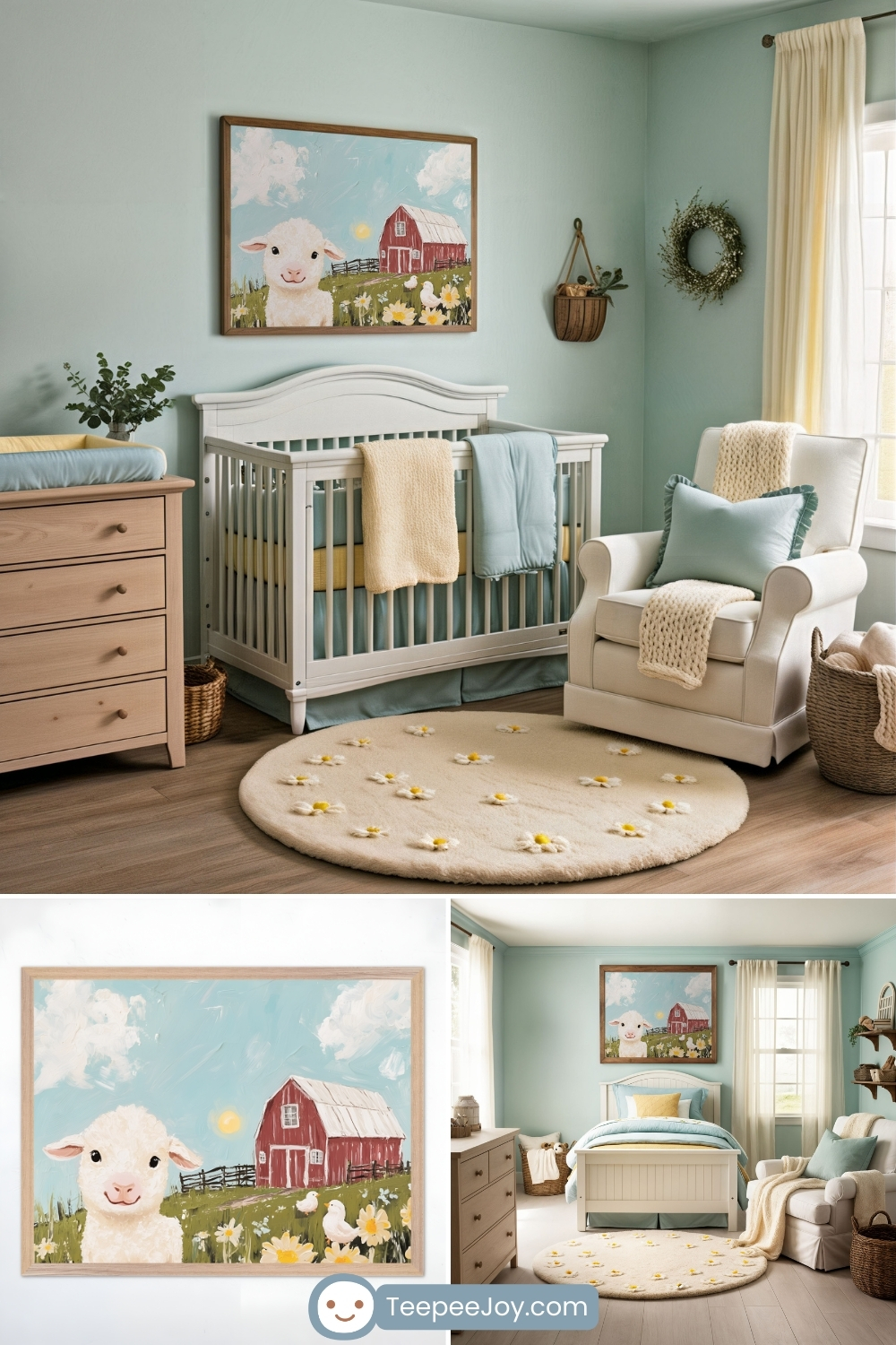 Farm-themed nursery with soft pastel colors. The room features a white crib with blue and yellow bedding, a plush rocking chair with a knitted throw, and a wooden dresser. A round beige rug with small daisies sits on the floor. The focal point is a framed painting above the crib, depicting a cheerful lamb in a green pasture with a red barn in the background, a bright blue sky, and farm animals. Additional images showcase a close-up of the artwork and a slightly different room arrangement with a toddler bed instead of a crib. The space has a warm and inviting atmosphere with rustic, farmhouse-inspired decor.