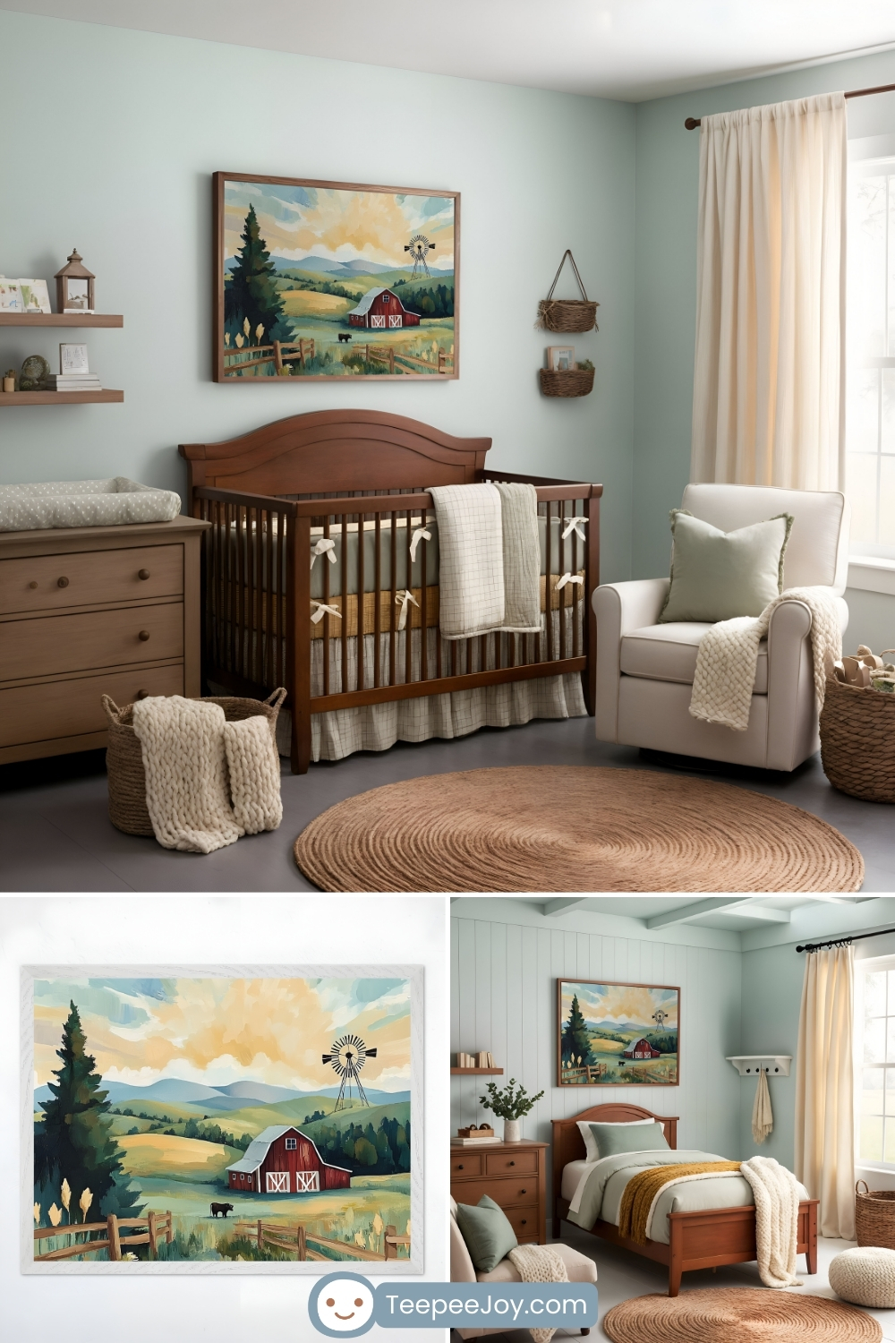 Serene farm-themed nursery featuring soft green walls, wooden furniture, and cozy neutral accents. Above the crib hangs a framed painting of a picturesque countryside scene with a red barn, rolling hills, a windmill, and a grazing cow. The room is styled with a plush white armchair, woven baskets, a round jute rug, and delicate farmhouse-inspired decor for a warm and inviting feel.
