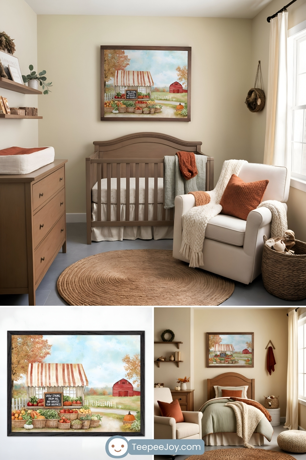 Warm and rustic farm-themed nursery with earthy tones and vintage-inspired decor. A wooden crib sits beneath a framed painting of a charming farm stand with fresh produce, a red barn in the background, and a sign that reads, 'Grow strong, know your roots, and harvest your dreams.' The space is complemented by a cozy white armchair with burnt orange and cream accents, a woven basket, and natural wood furniture, creating a welcoming and nostalgic atmosphere.