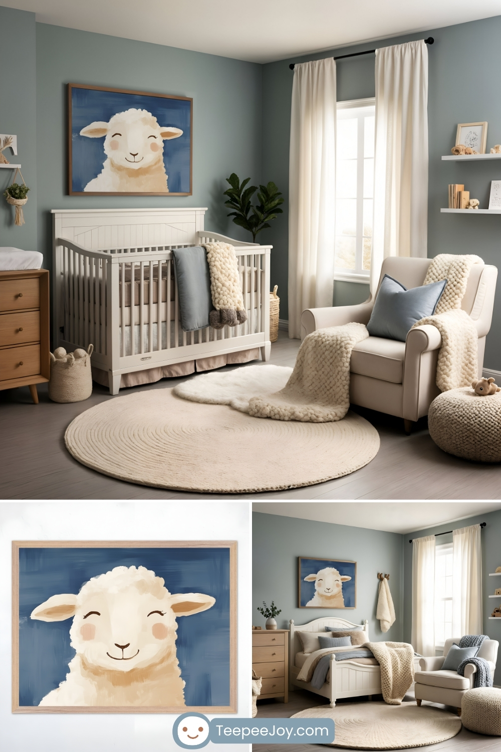 Cozy farm-themed nursery featuring soft, neutral tones and a whimsical lamb painting. The main nursery scene showcases a white crib against a muted blue wall, with a framed illustration of a smiling lamb above it. Plush textures, including a round beige rug, chunky knit blankets, and soft furnishings, create a warm and inviting atmosphere, complemented by natural wood furniture and greenery.