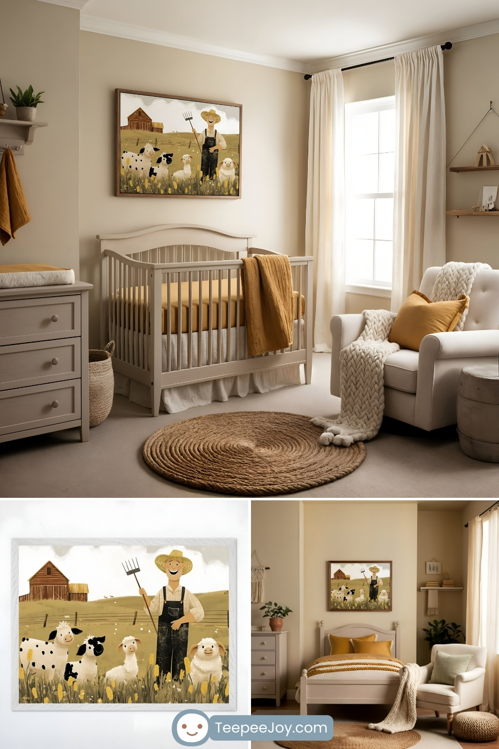A warm, rustic farm-themed nursery and bedroom with earthy beige and mustard-yellow tones. The nursery features a soft gray crib with golden-yellow bedding, a cream armchair with a knit throw, and a round woven rug. Above the crib hangs a framed painting of a cheerful farmer in overalls holding a pitchfork, standing in a field with cows and sheep in front of a barn. The bottom section of the image showcases a close-up of the artwork and an alternate bedroom setup with a wooden bed, mustard-yellow and cream bedding, and cozy farmhouse-inspired decor. The space is softly lit, creating a serene and inviting atmosphere.