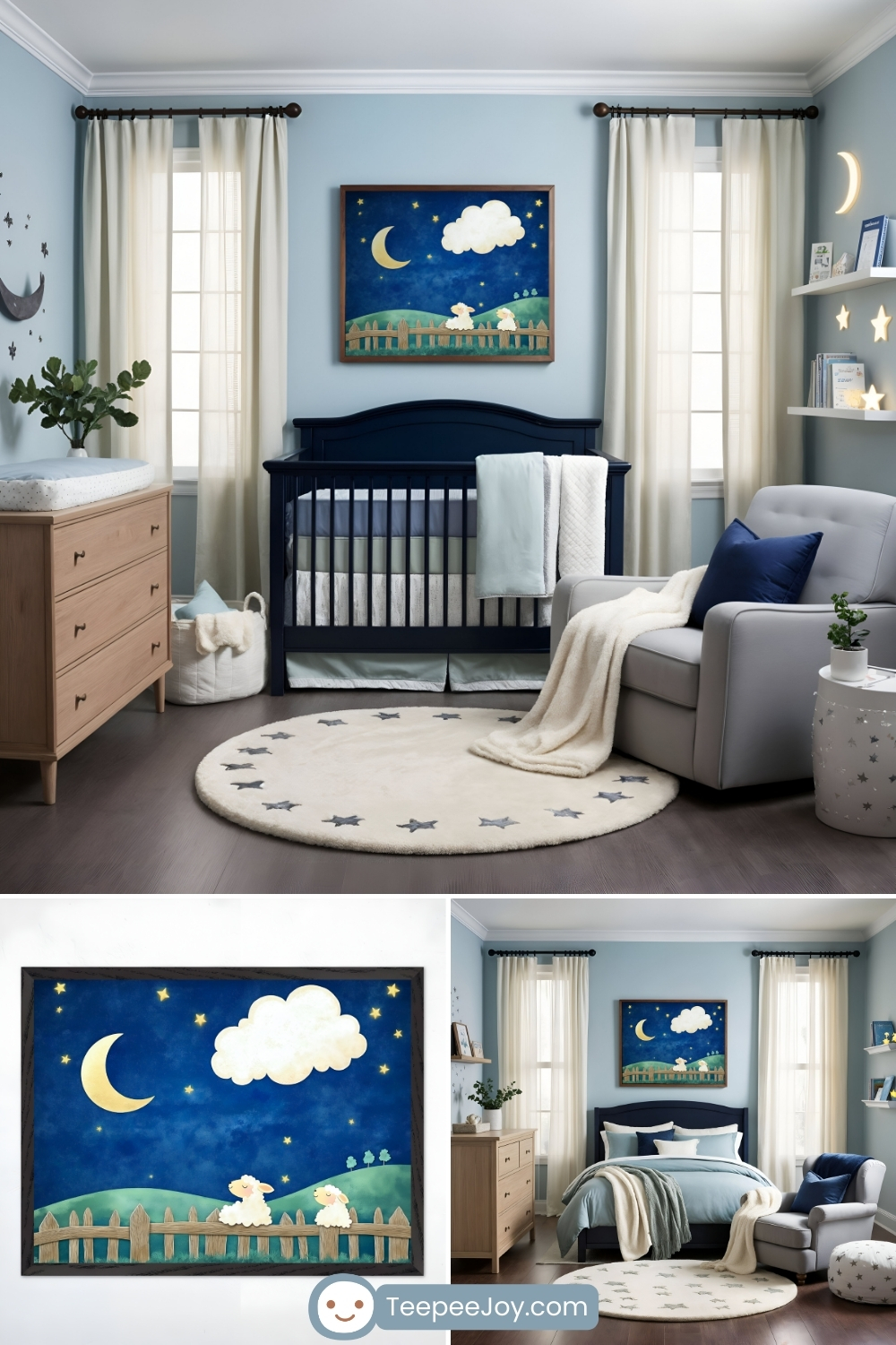 Dreamy, night-sky-themed nursery and bedroom with soft blue tones and celestial decor. The nursery features a deep navy crib, a cozy gray armchair with a navy pillow, and a round cream rug with star accents. Above the crib hangs a framed painting of a nighttime farm scene, depicting two sheep near a wooden fence under a crescent moon and starry sky. The bottom section of the image showcases a close-up of the artwork and an alternate bedroom setup with a navy bed, plush blue bedding, and matching celestial-themed decor. The room is softly illuminated, creating a peaceful and whimsical atmosphere.