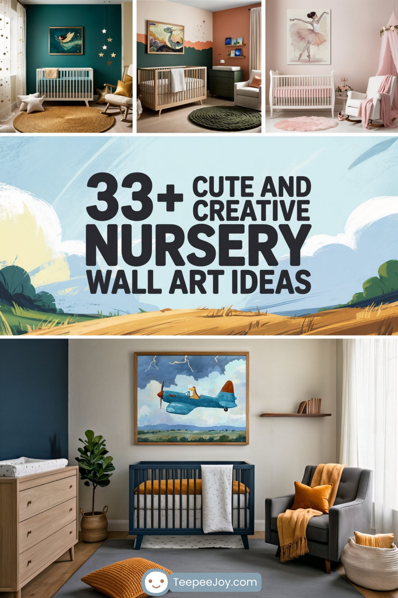 Collage-style image featuring stylish nursery rooms with playful and artistic wall decor. Each space includes a crib and themed artwork, such as whimsical planes, animals, and a ballerina, all tied together under a bold banner that reads "33+ Cute and Creative Nursery Wall Art Ideas." The design promotes TeepeeJoy.com and showcases cozy, color-coordinated nursery setups.